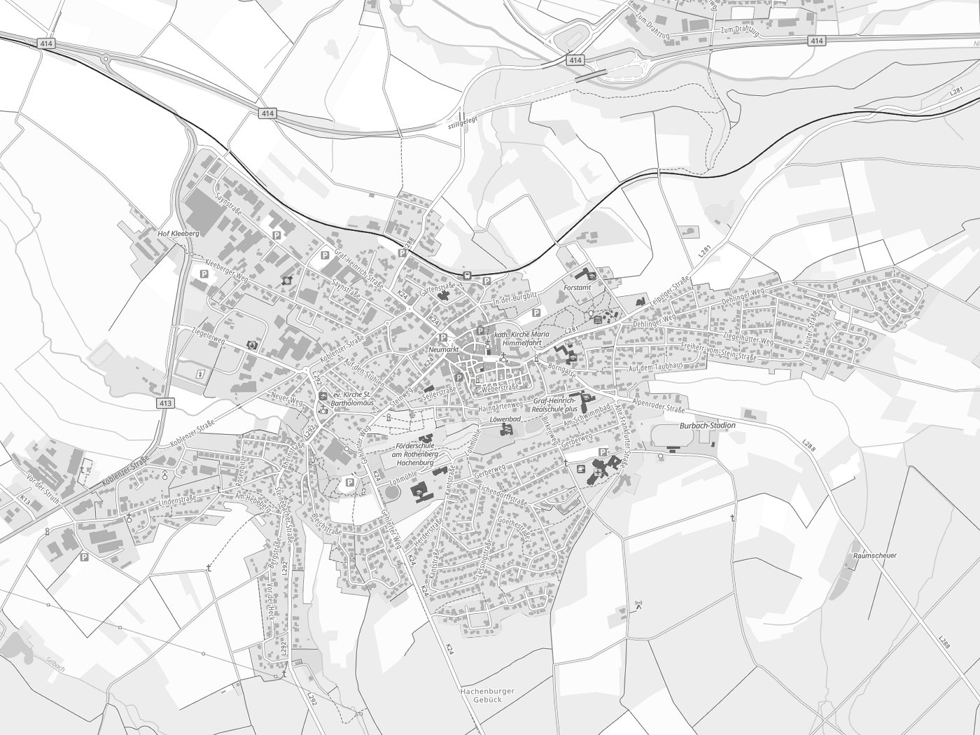 Kartenausschnitt Hachenburg mit Gewässern