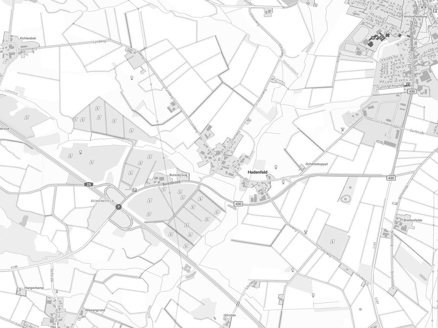 Kartenausschnitt Hadenfeld mit Gewässern