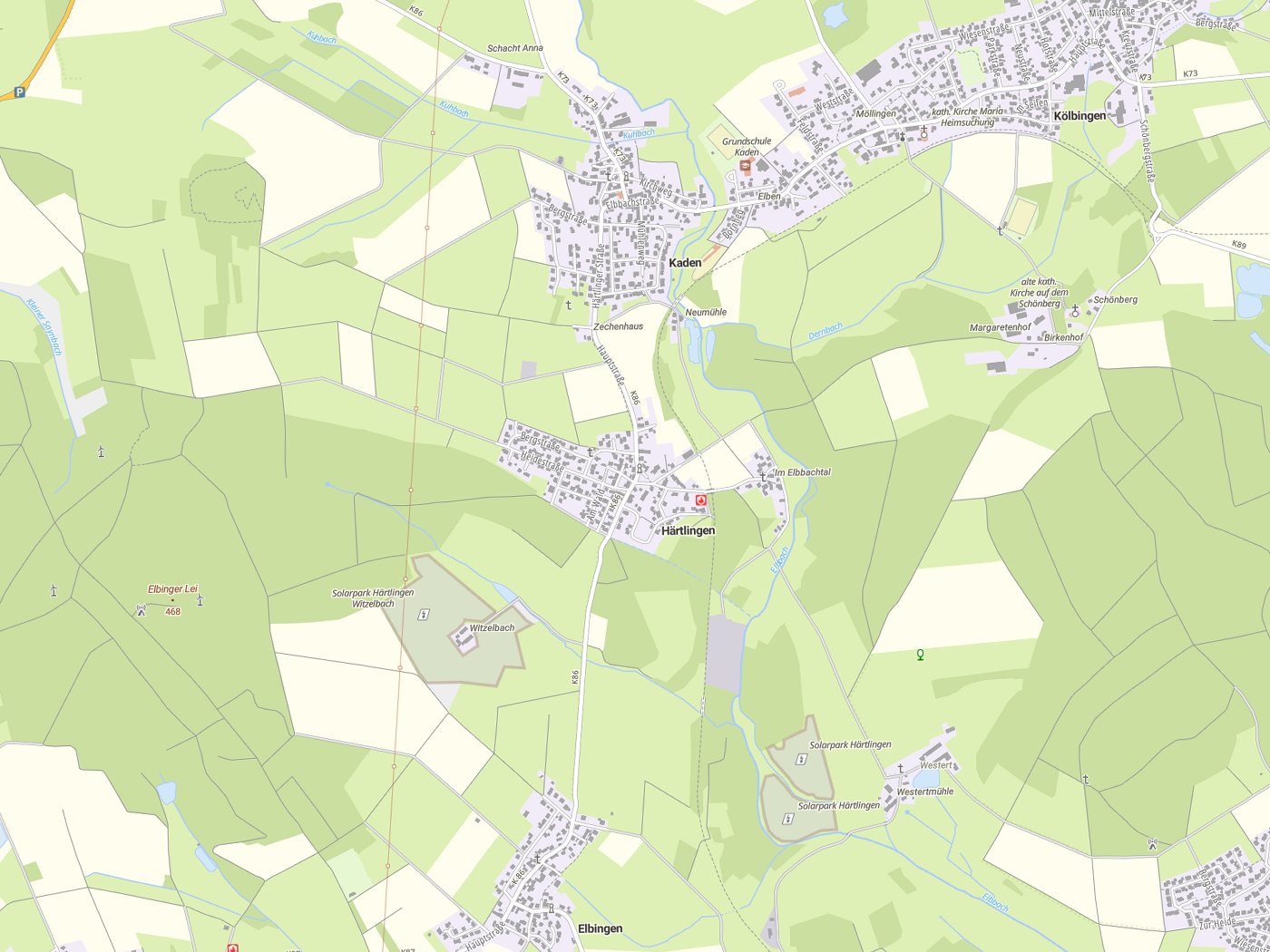 Kartenausschnitt Härtlingen mit Gewässern