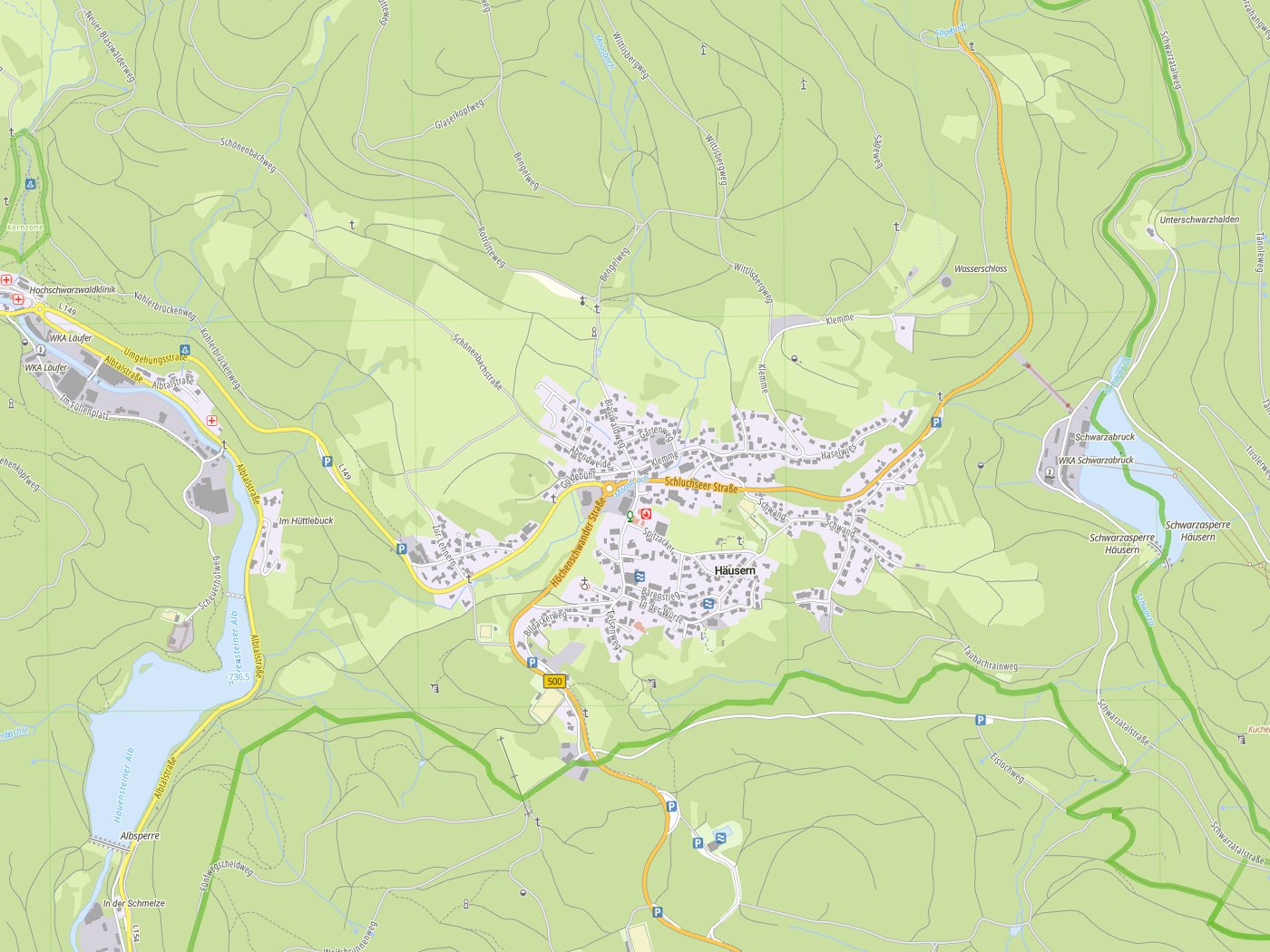 Kartenausschnitt Häusern mit Gewässern