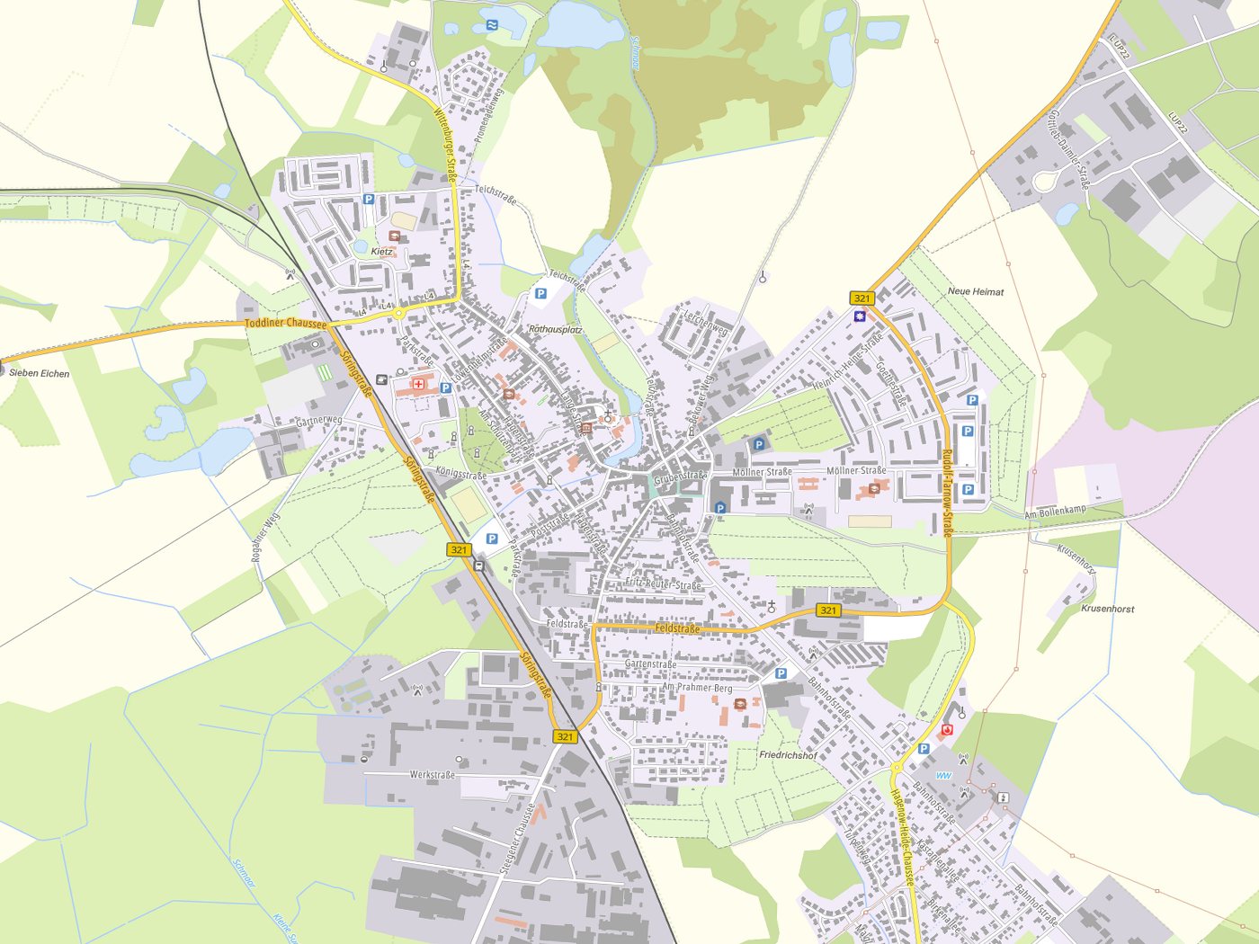 Kartenausschnitt Hagenow mit Gewässern