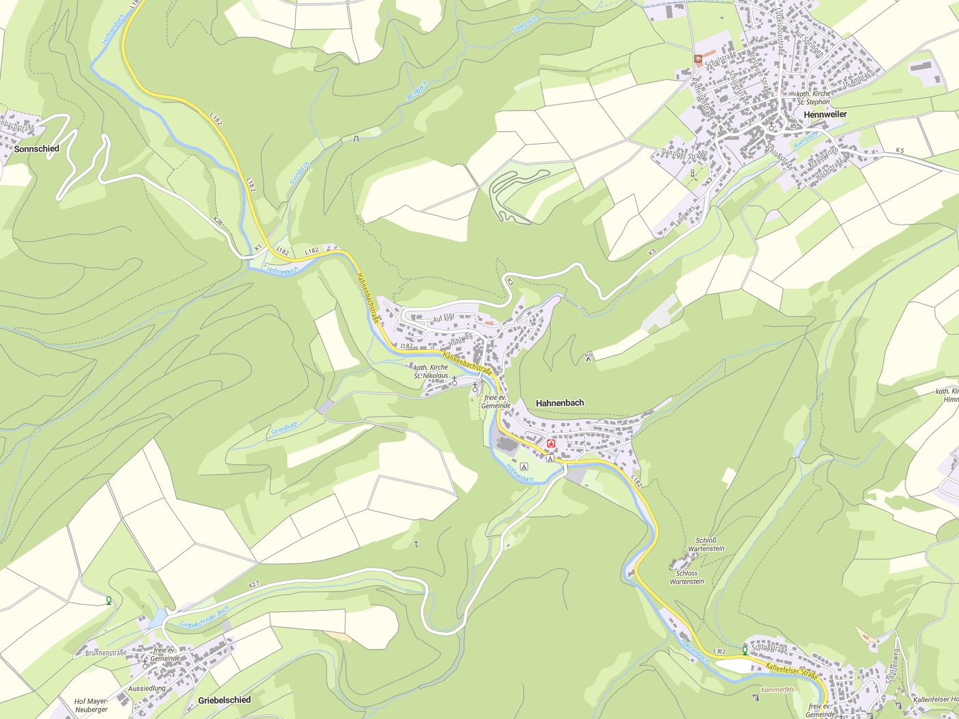 Kartenausschnitt Hahnenbach mit Gewässern