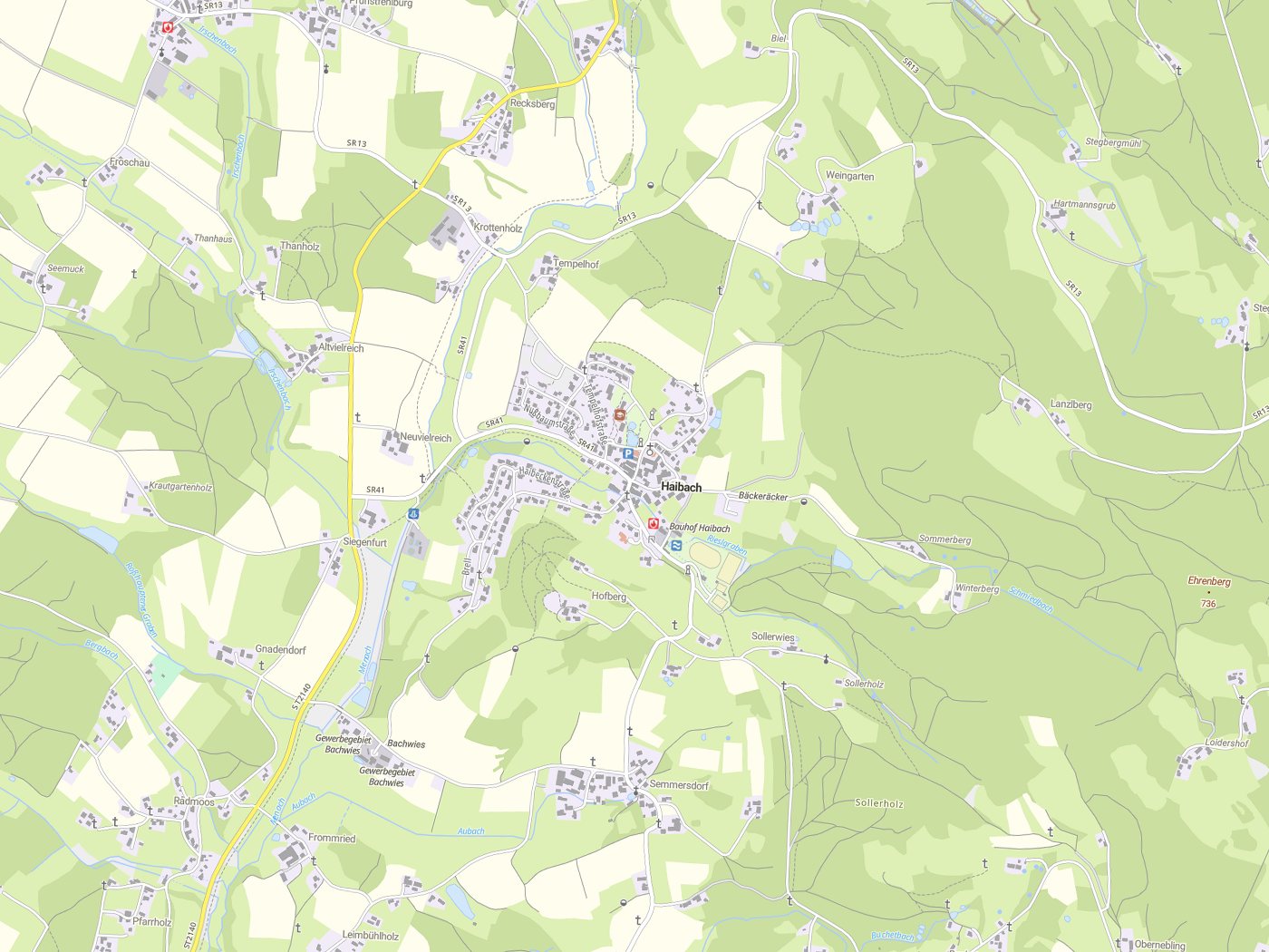 Kartenausschnitt Haibach mit Gewässern