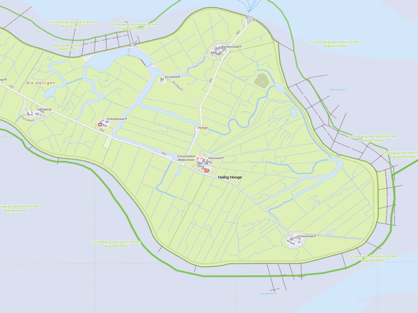 Kartenausschnitt Hallig Hooge mit Gewässern