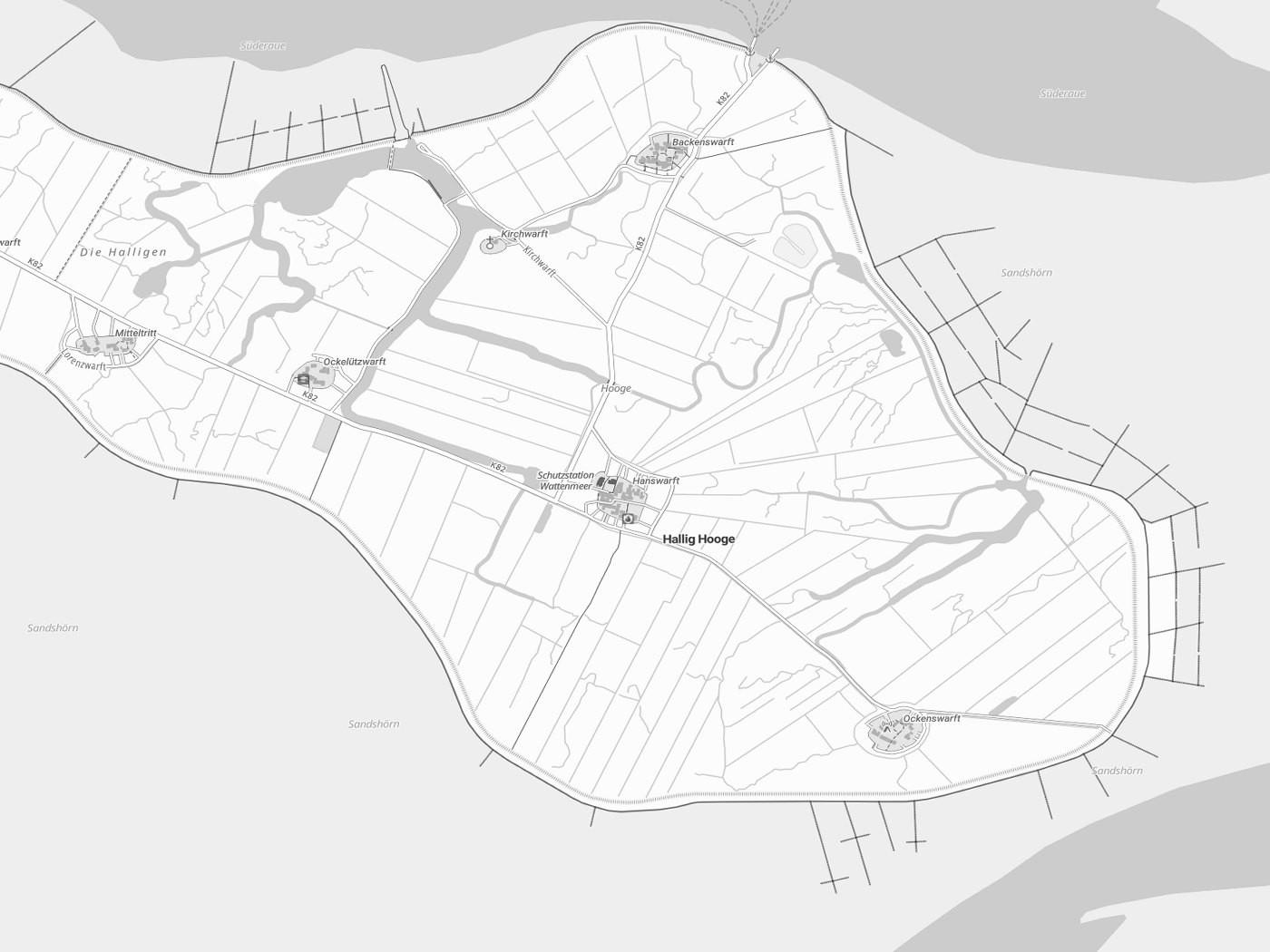 Kartenausschnitt Hallig Hooge mit Gewässern