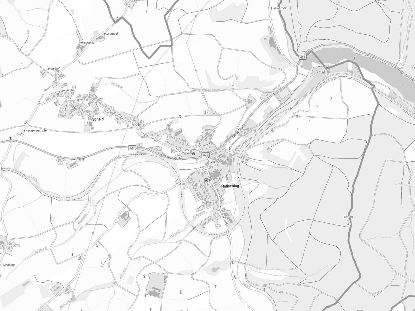 Kartenausschnitt Hallschlag mit Gewässern