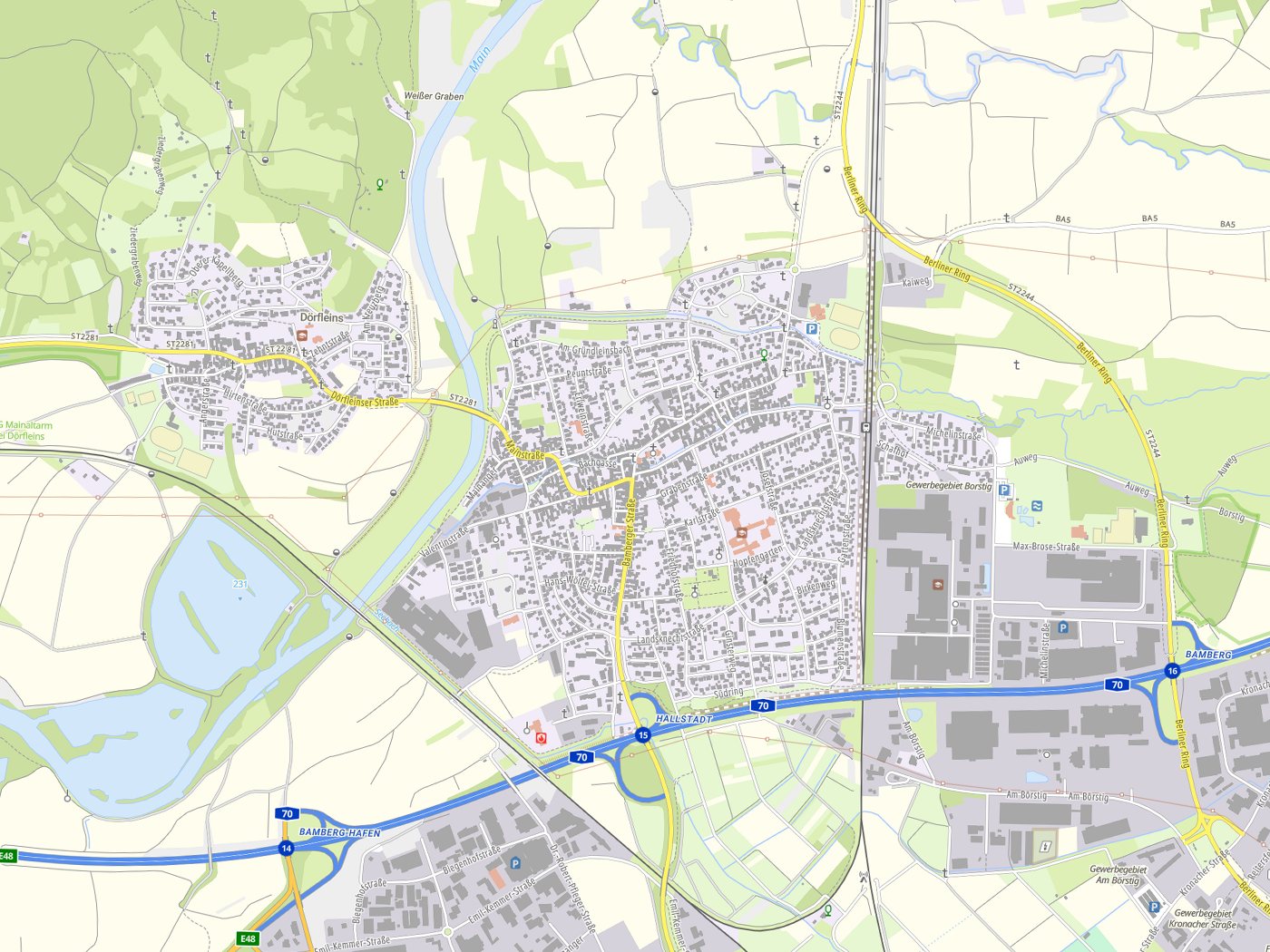 Kartenausschnitt Hallstadt mit Gewässern