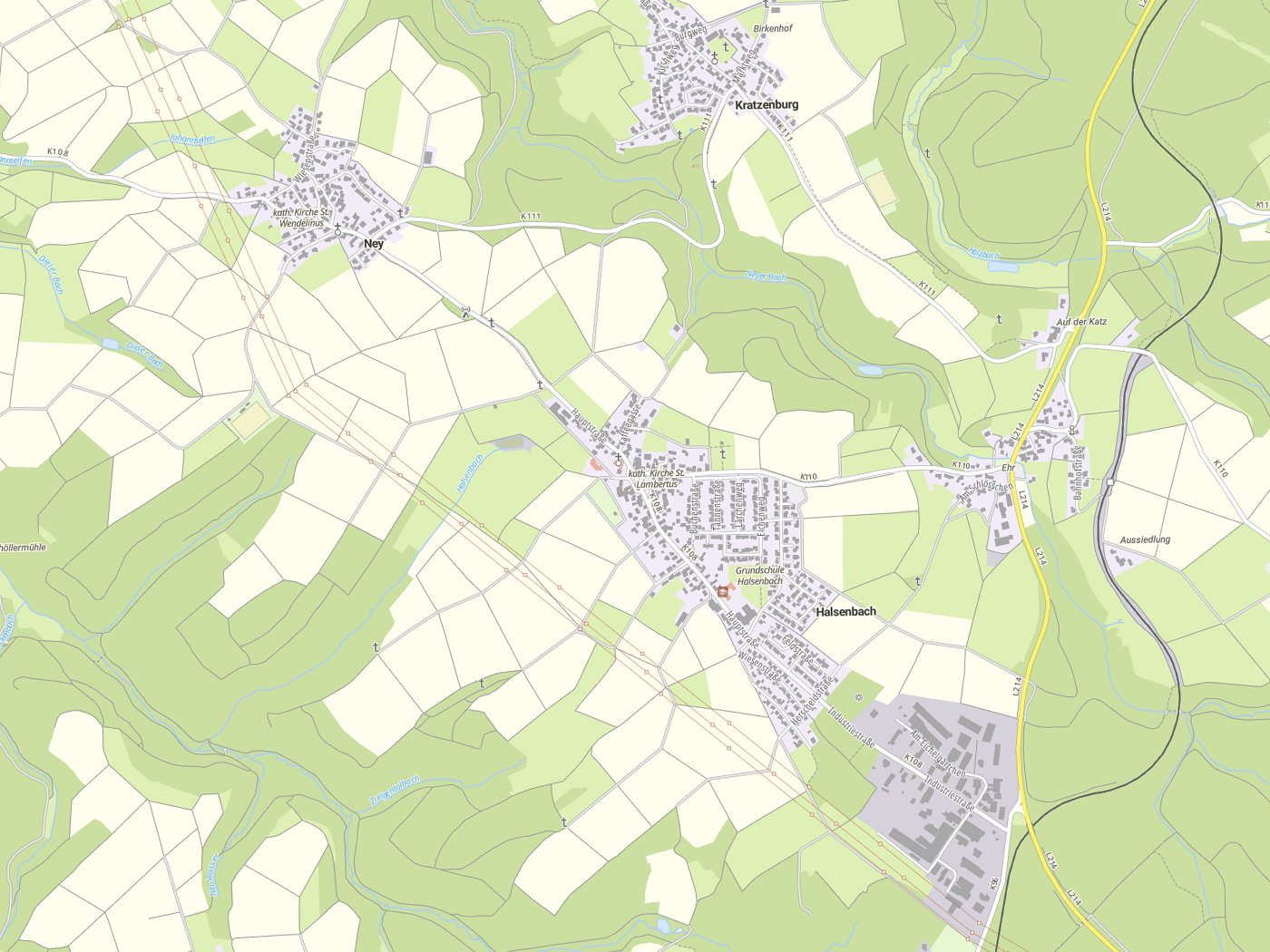 Kartenausschnitt Halsenbach mit Gewässern