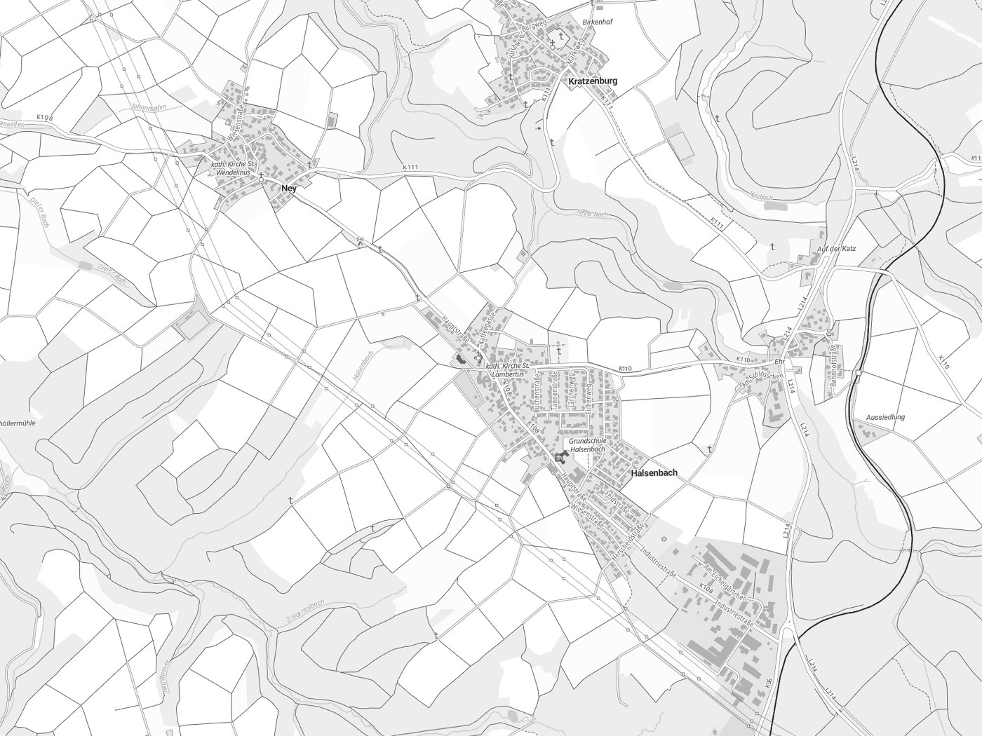 Kartenausschnitt Halsenbach mit Gewässern