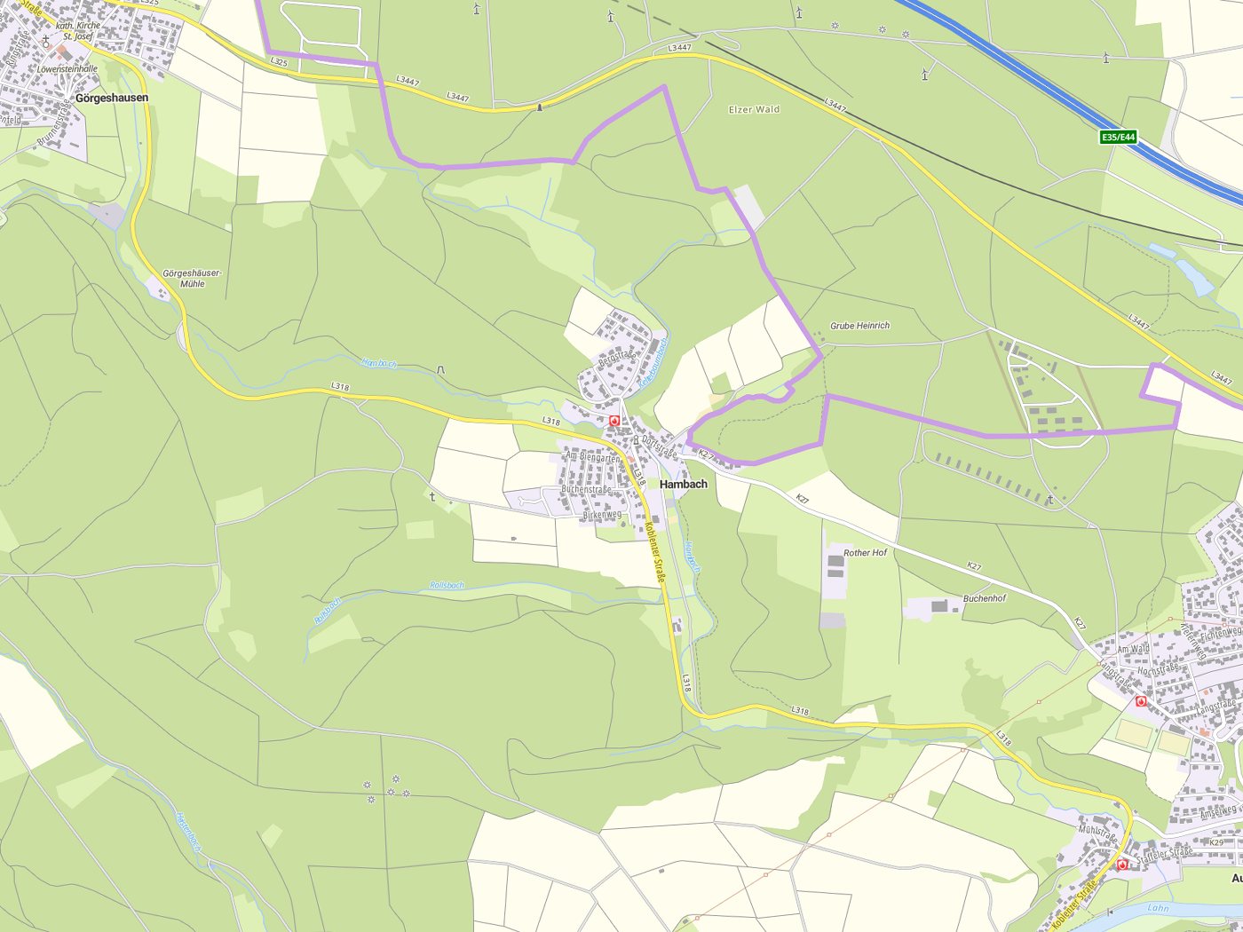 Kartenausschnitt Hambach mit Gewässern