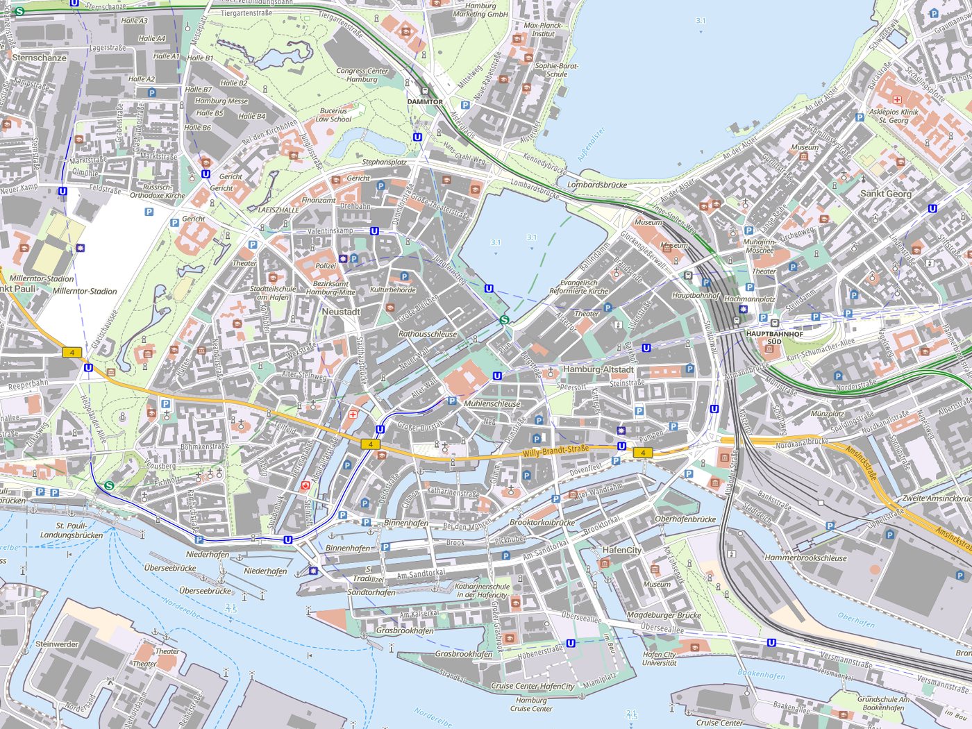 Kartenausschnitt Hamburg mit Gewässern