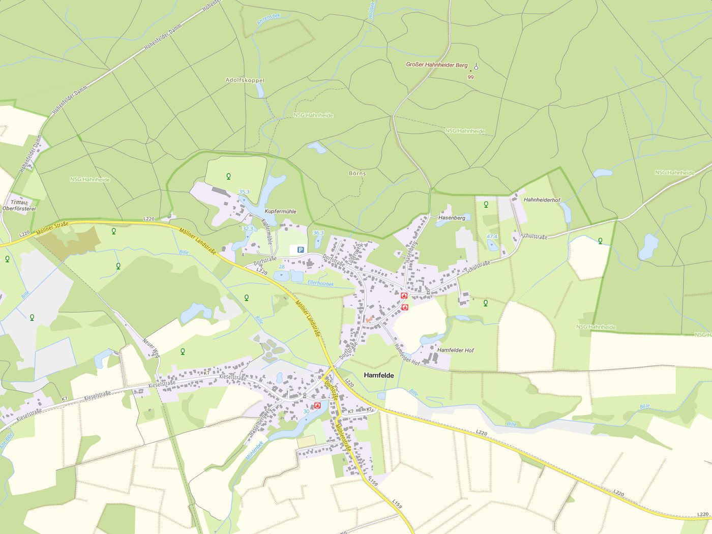 Kartenausschnitt Hamfelde mit Gewässern