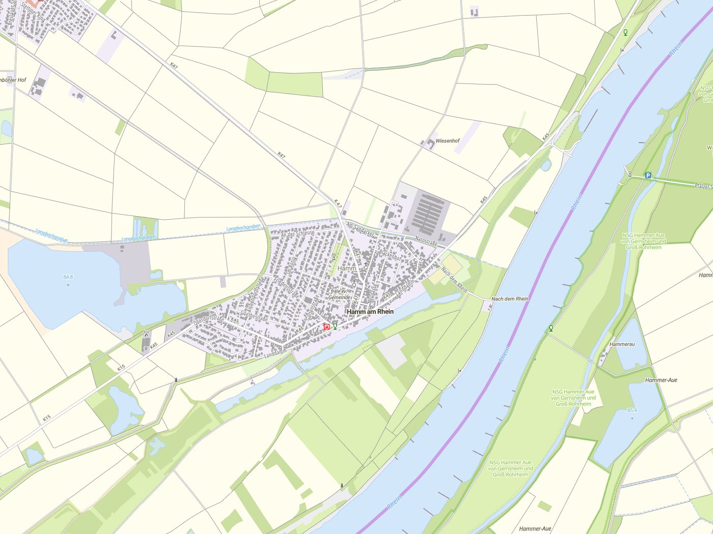 Kartenausschnitt Hamm am Rhein mit Gewässern