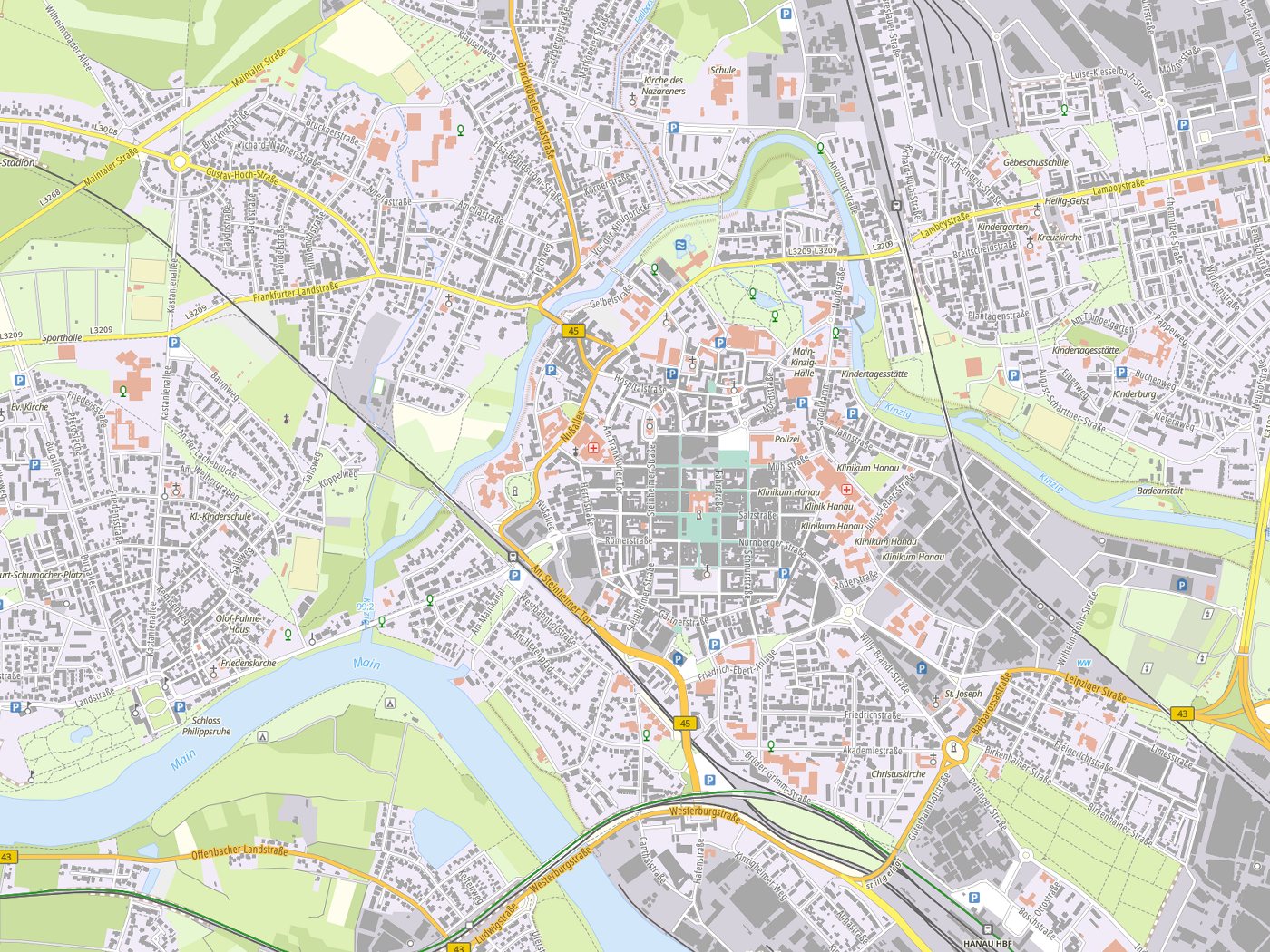 Kartenausschnitt Hanau am Main mit Gewässern