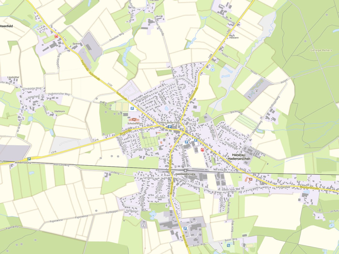 Kartenausschnitt Hanerau-Hademarschen mit Gewässern