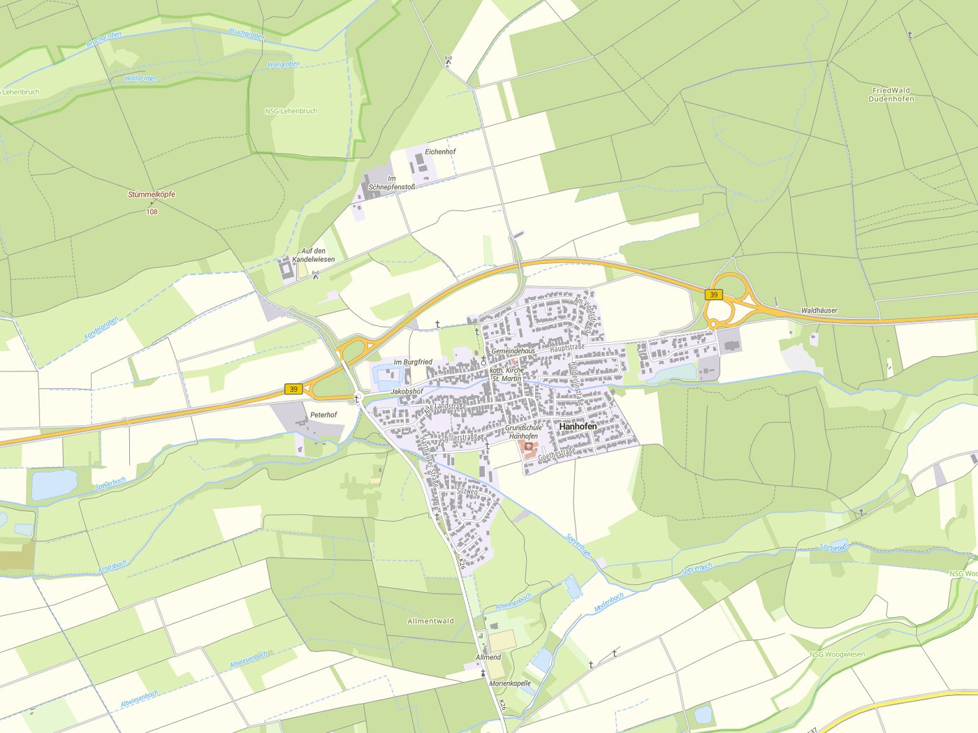 Kartenausschnitt Hanhofen mit Gewässern