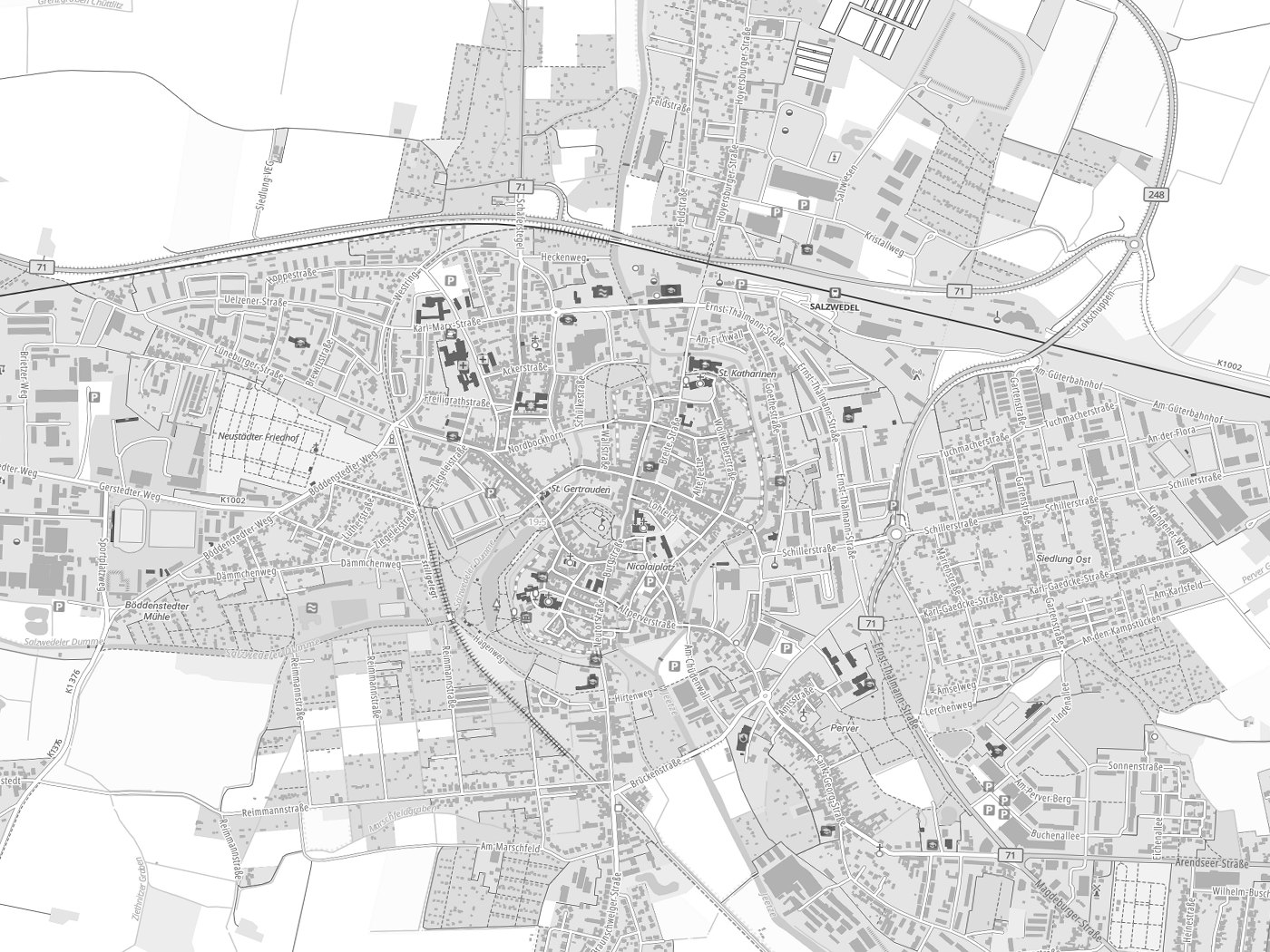 Kartenausschnitt Hansestadt Salzwedel mit Gewässern