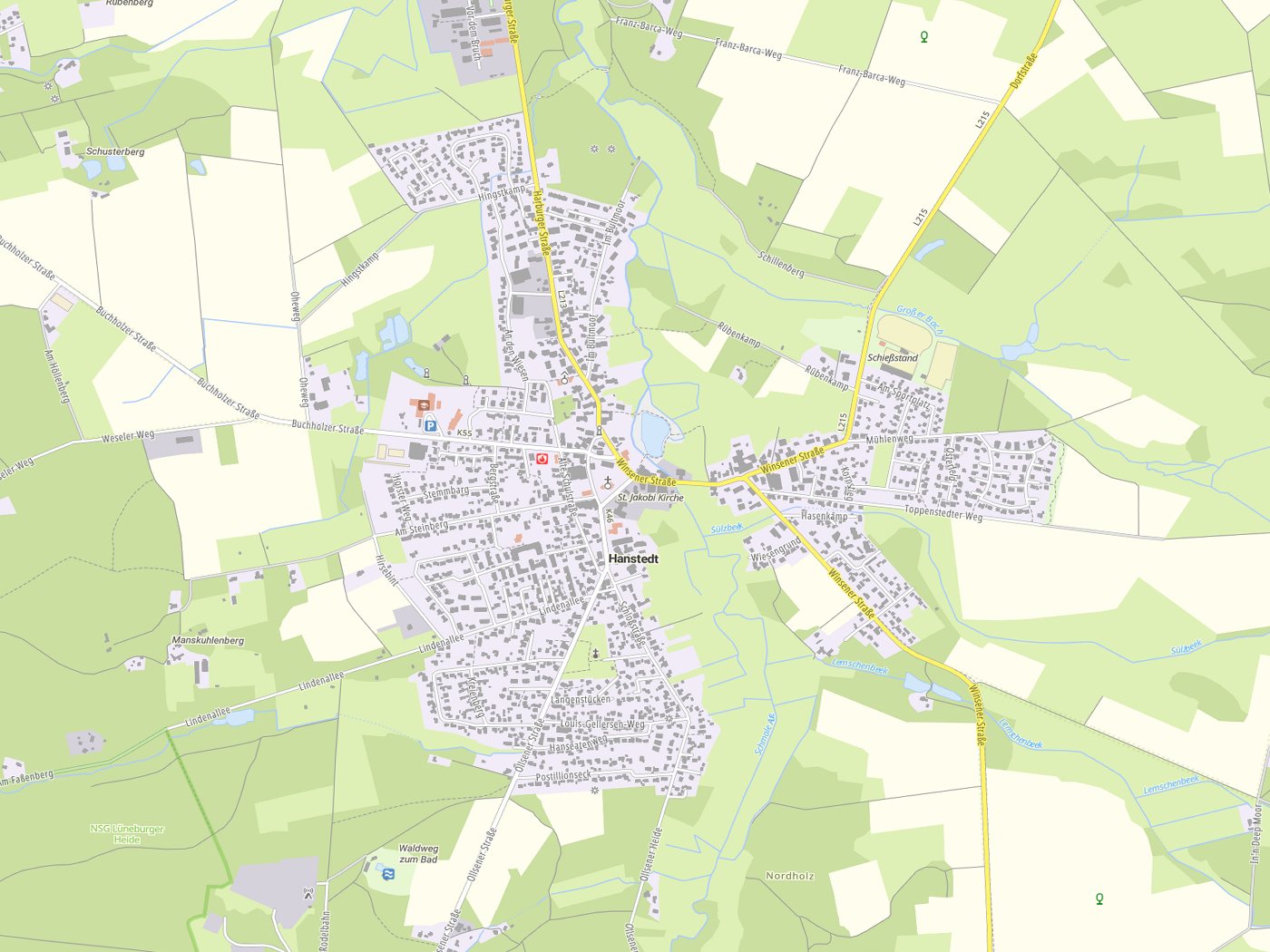 Kartenausschnitt Hanstedt mit Gewässern