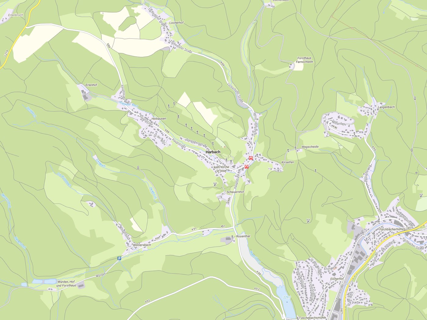 Kartenausschnitt Harbach mit Gewässern