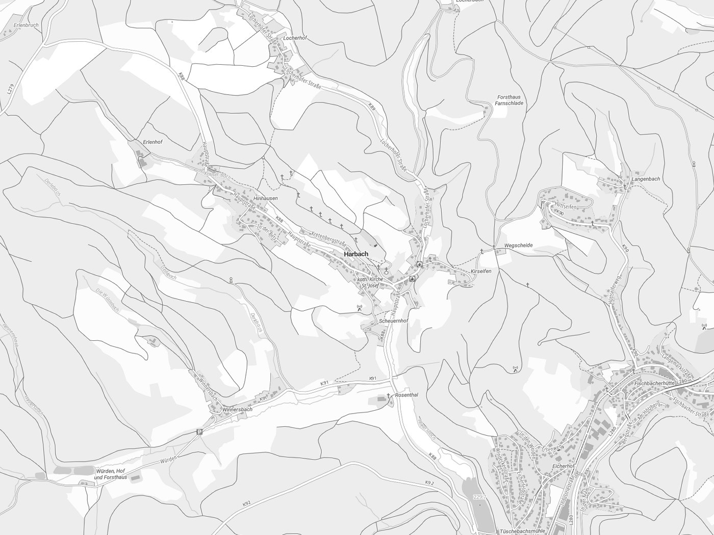 Kartenausschnitt Harbach mit Gewässern
