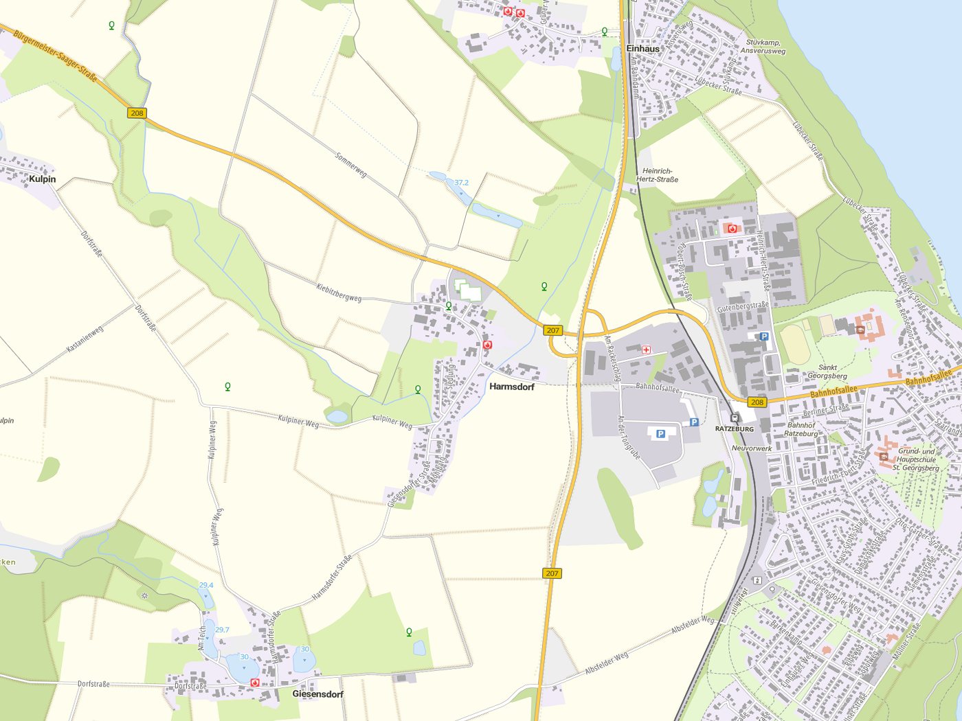 Kartenausschnitt Harmsdorf mit Gewässern