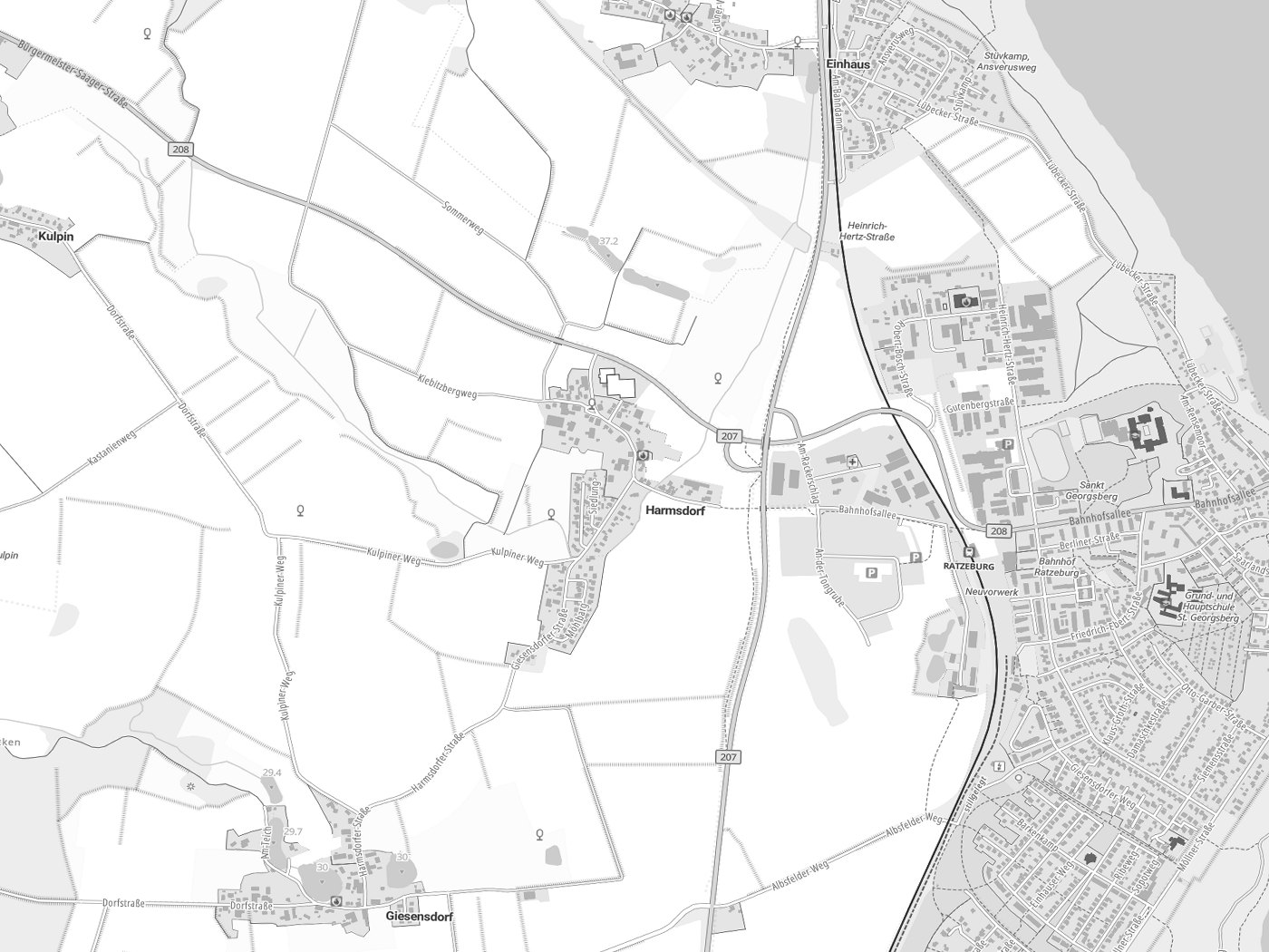 Kartenausschnitt Harmsdorf mit Gewässern
