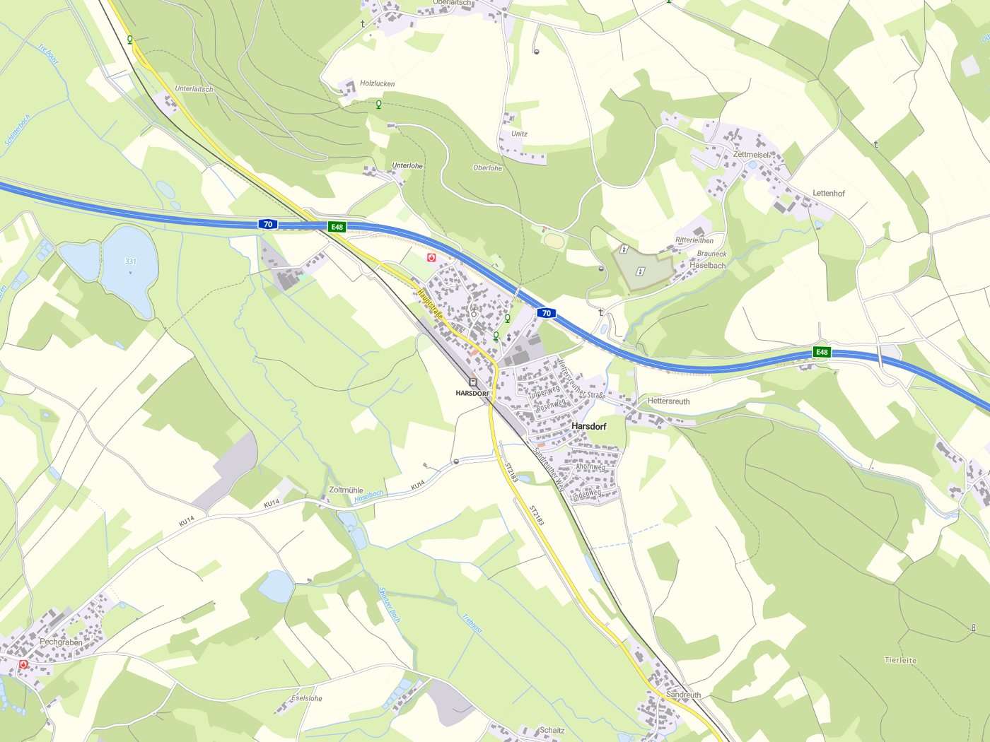 Kartenausschnitt Harsdorf mit Gewässern