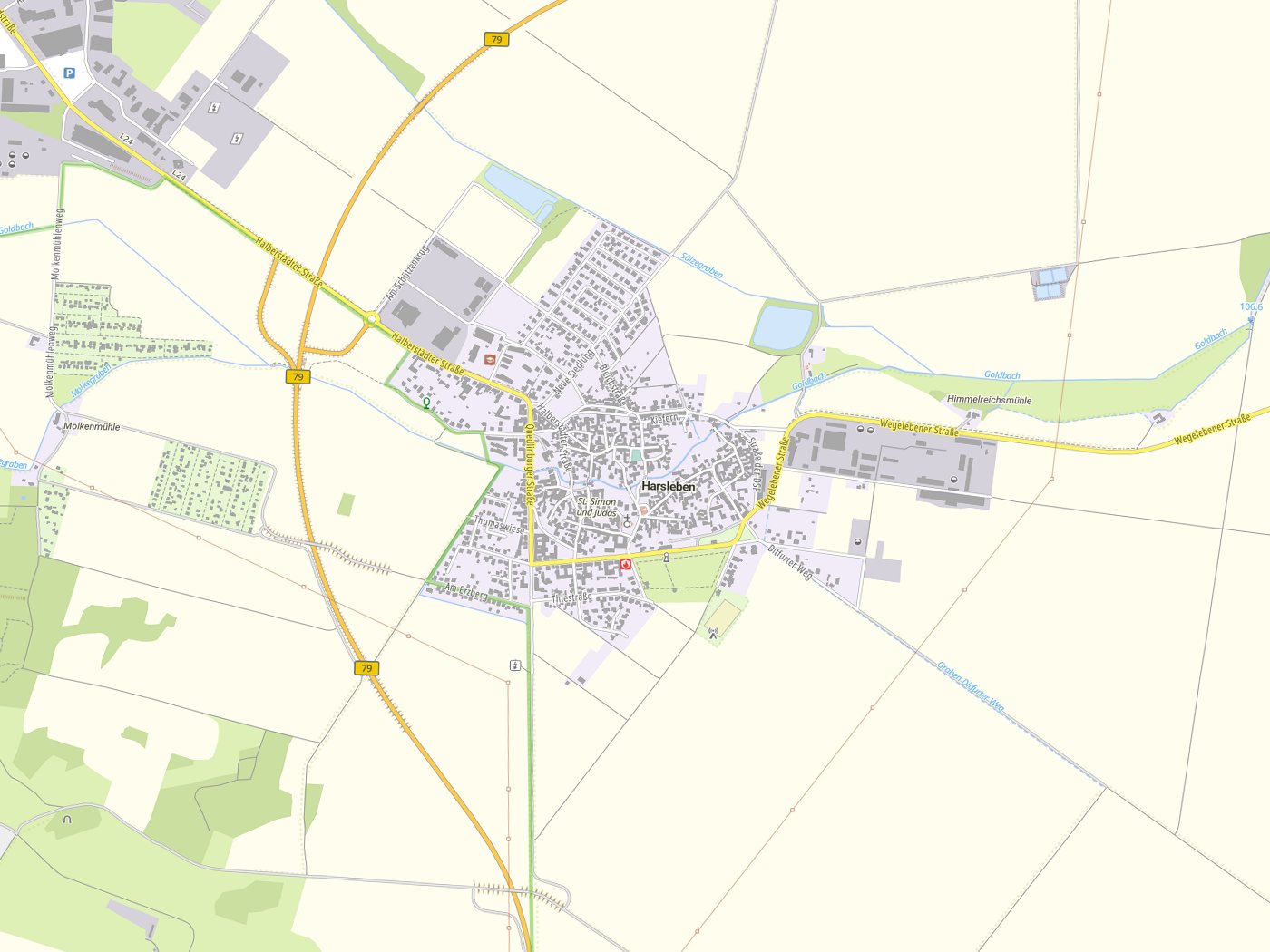 Kartenausschnitt Harsleben / Harschlewe mit Gewässern