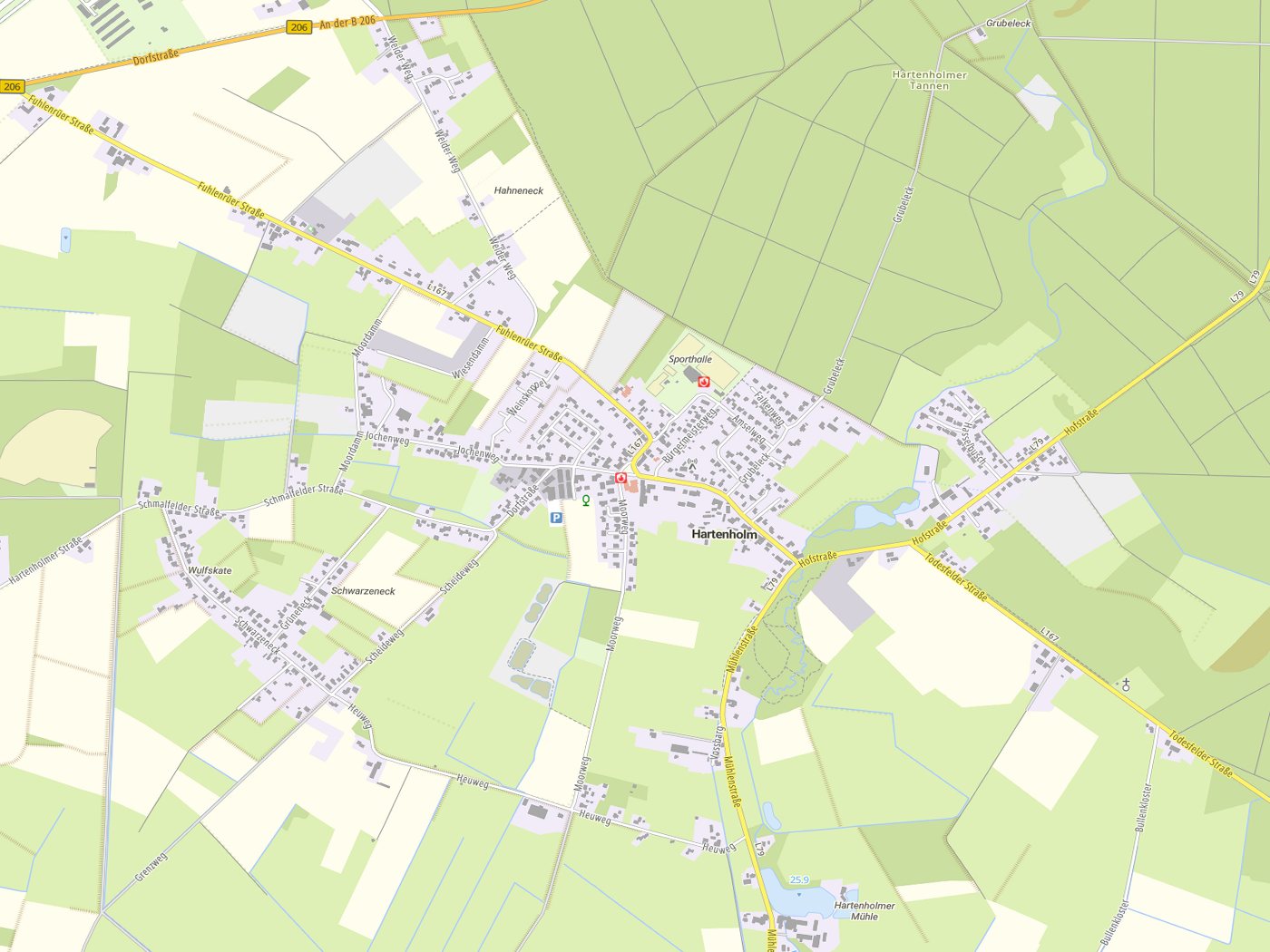 Kartenausschnitt Hartenholm mit Gewässern