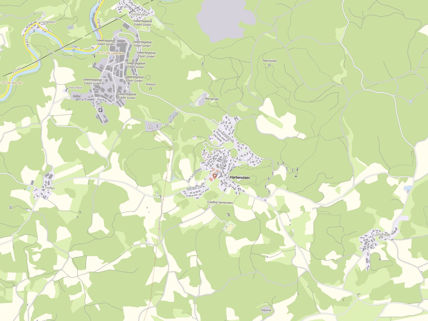 Kartenausschnitt Hartenstein mit Gewässern