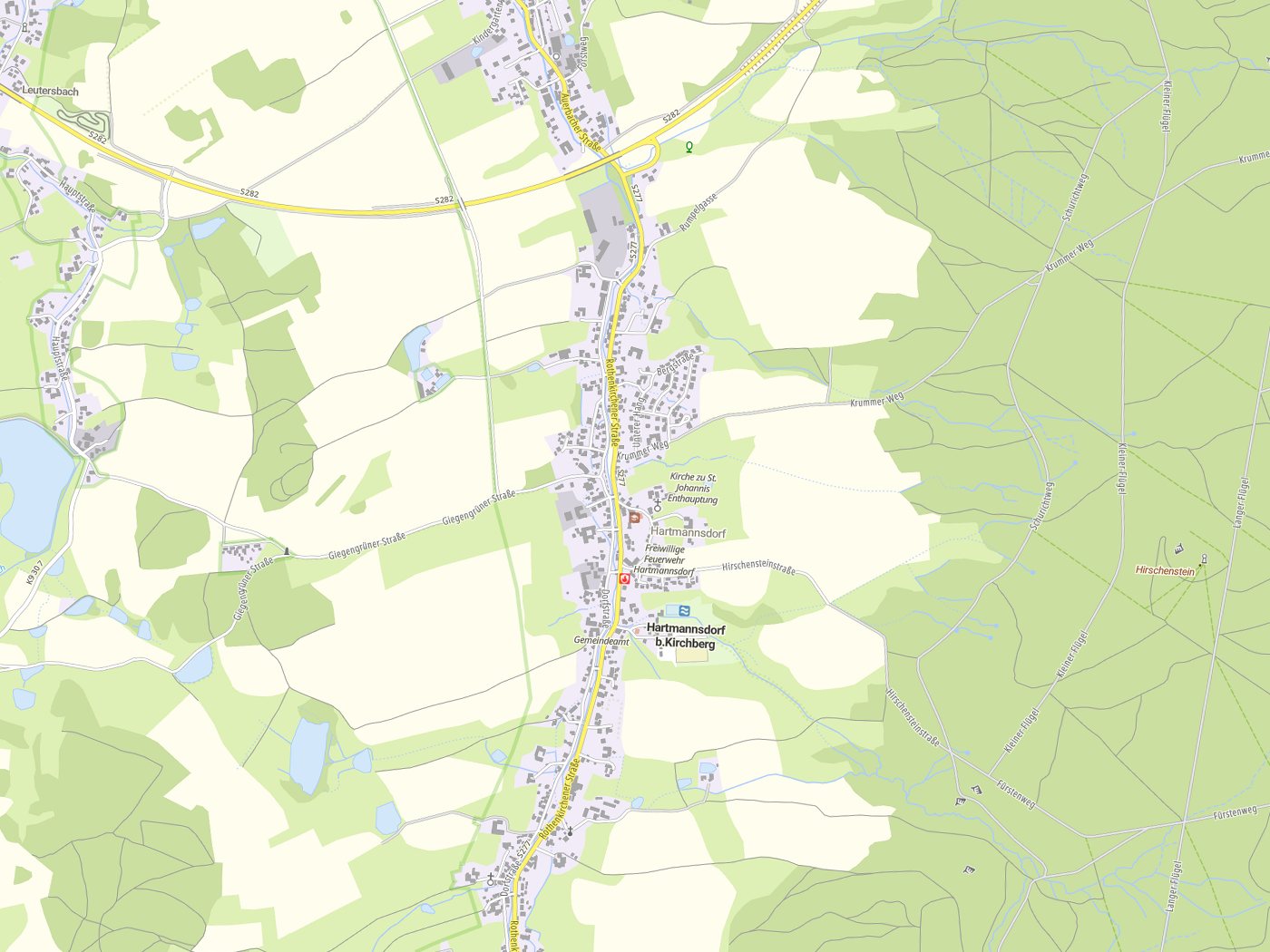 Kartenausschnitt Hartmannsdorf b. Kirchberg mit Gewässern