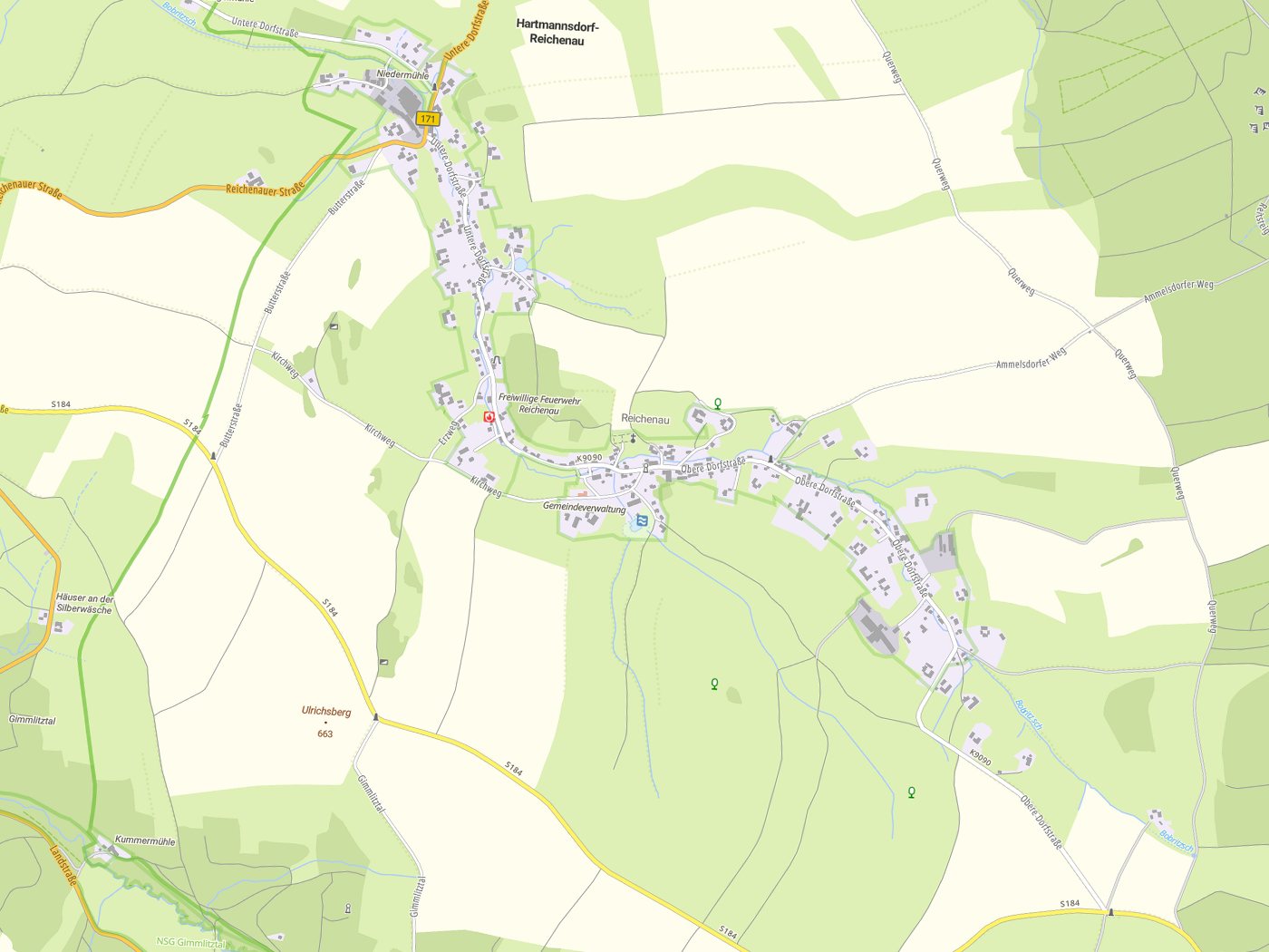 Kartenausschnitt Hartmannsdorf-Reichenau mit Gewässern