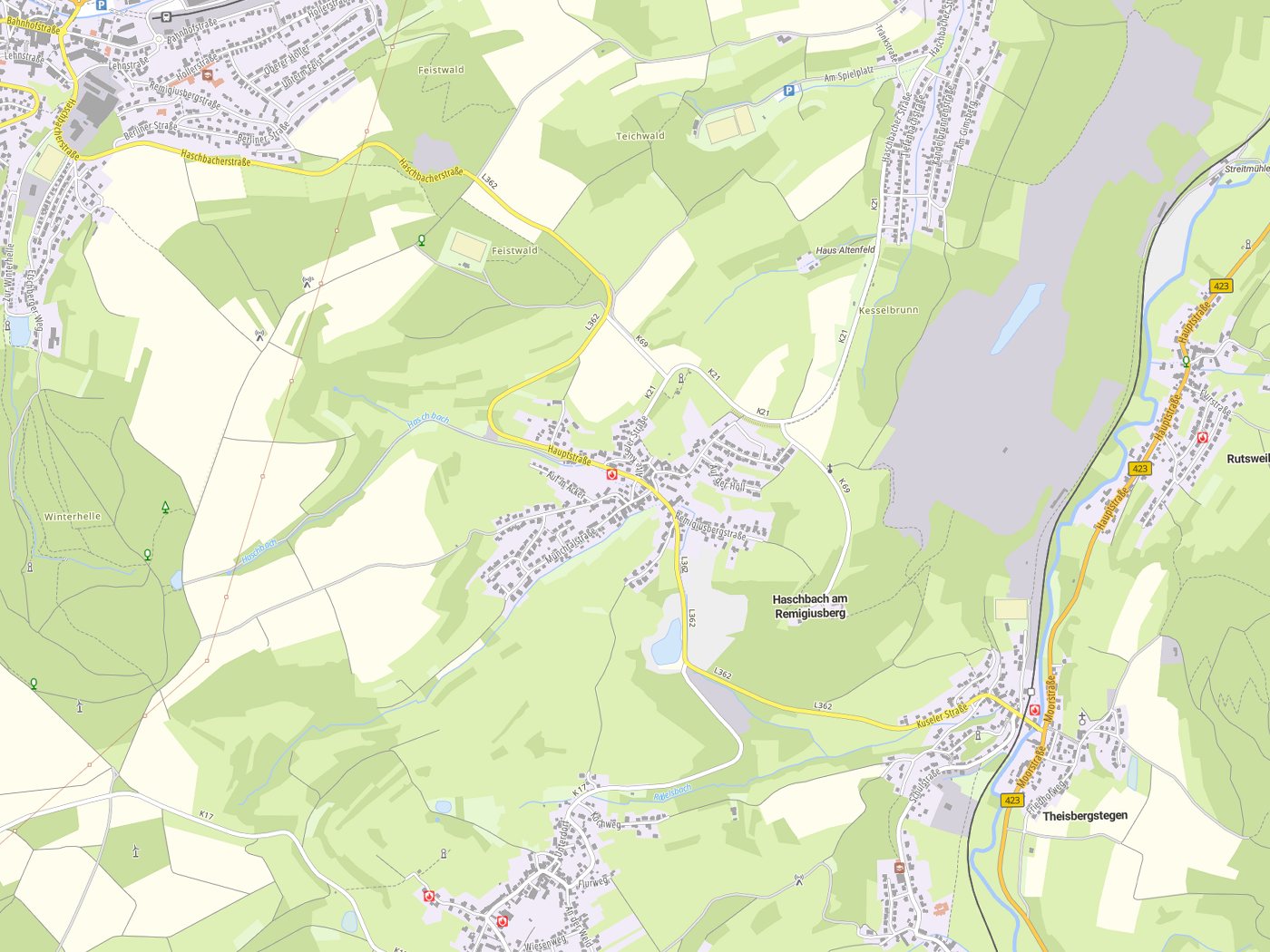 Kartenausschnitt Haschbach am Remigiusberg mit Gewässern