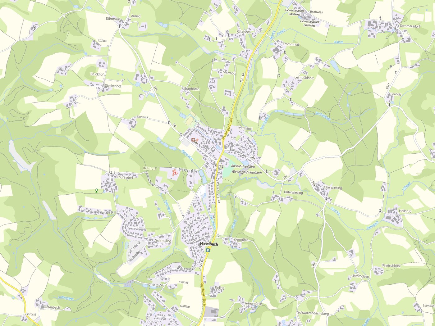 Kartenausschnitt Haselbach mit Gewässern
