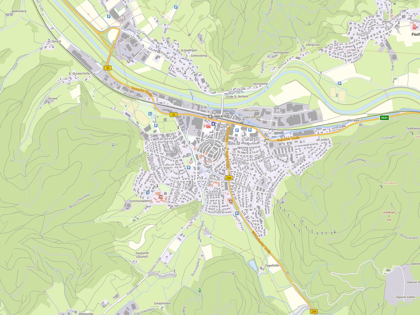 Kartenausschnitt Haslach im Kinzigtal mit Gewässern