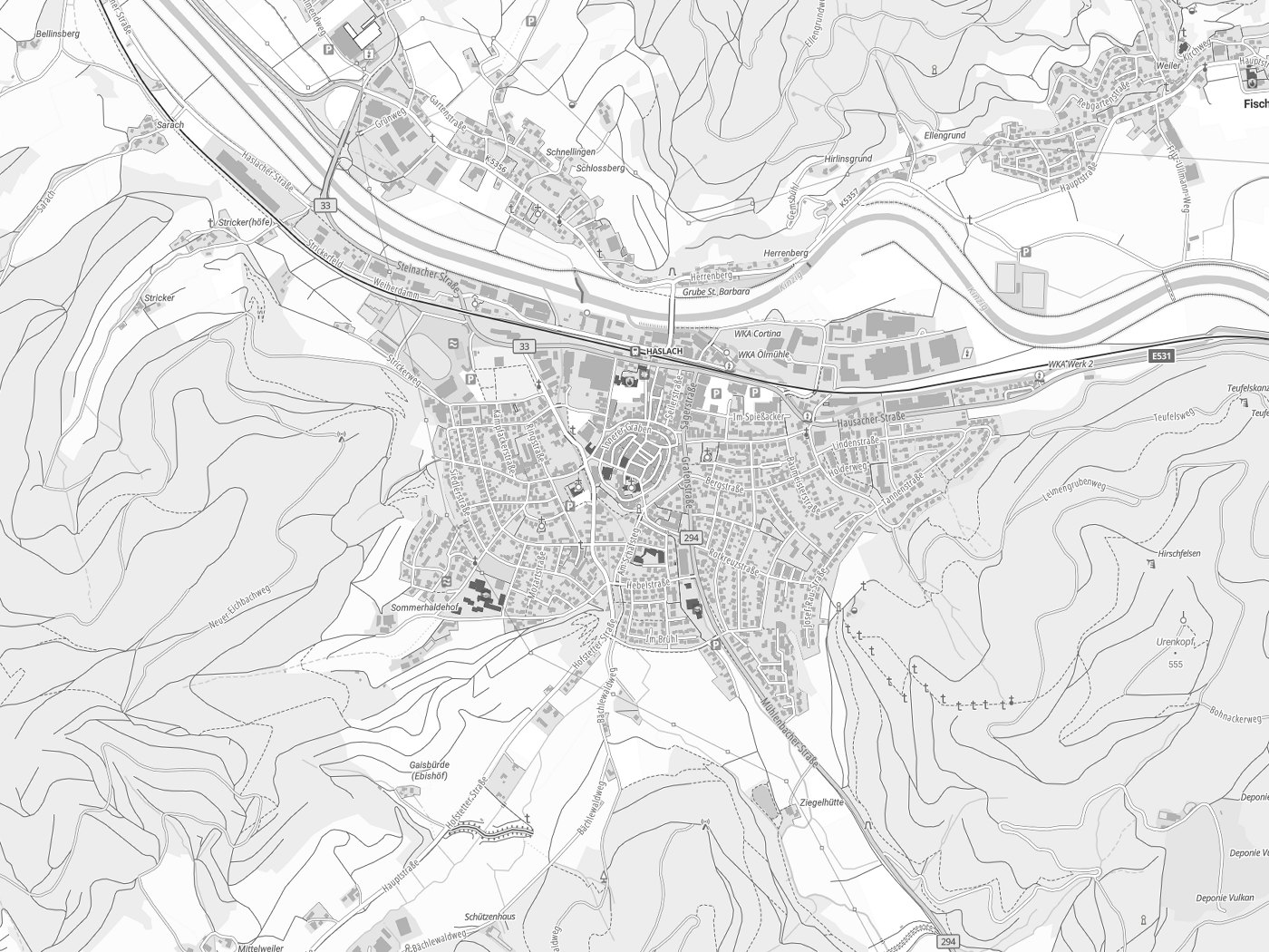Kartenausschnitt Haslach im Kinzigtal mit Gewässern