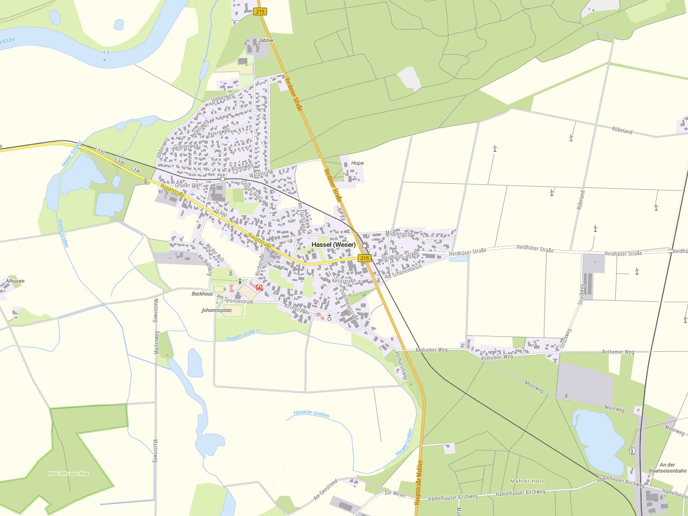 Kartenausschnitt Hassel (Weser) mit Gewässern