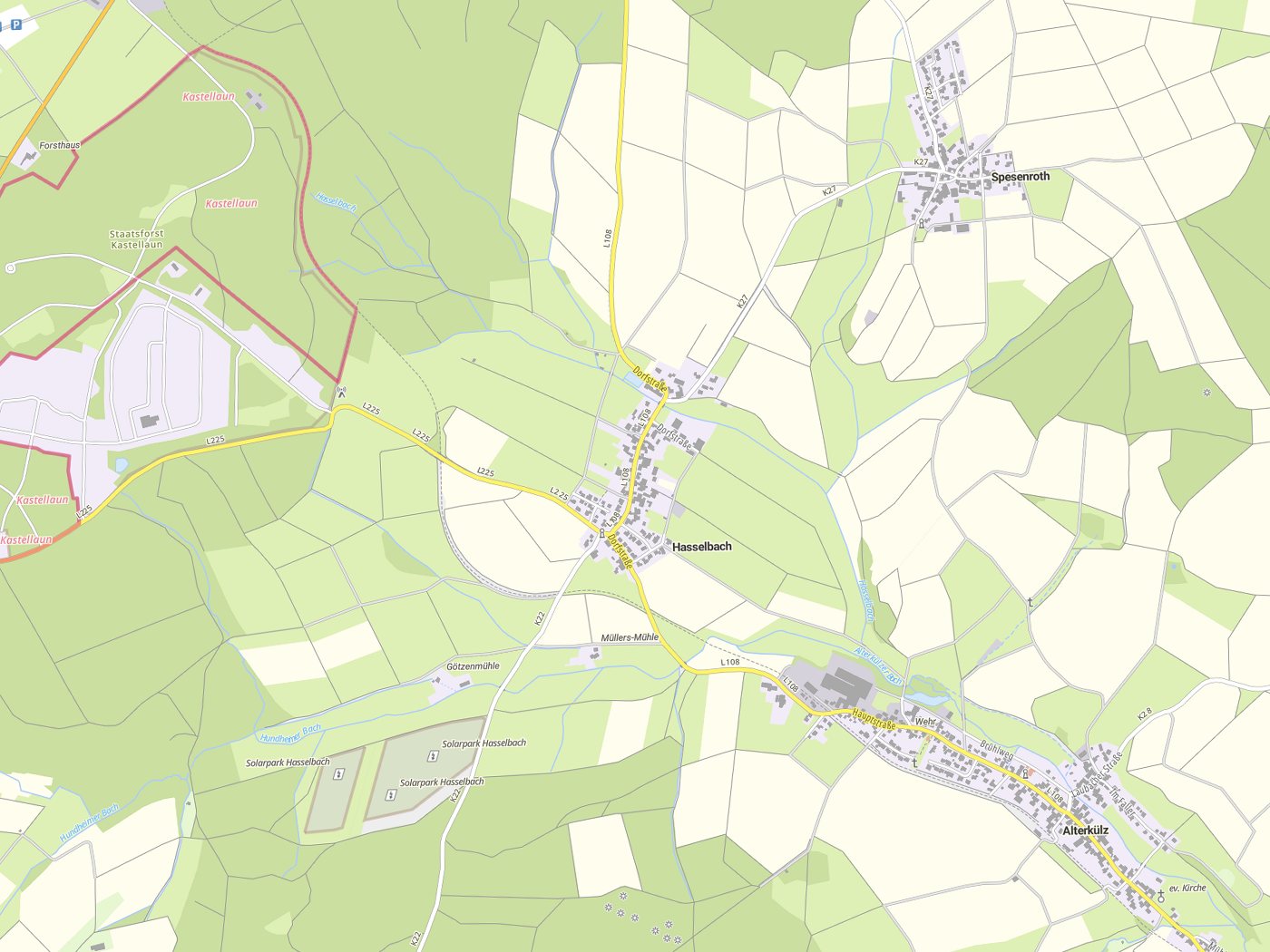 Kartenausschnitt Hasselbach mit Gewässern