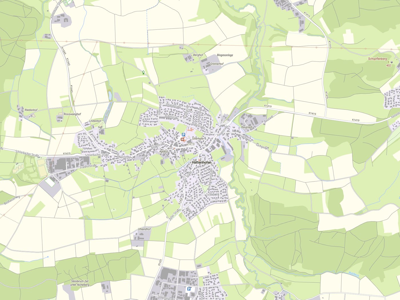 Kartenausschnitt Hattenhofen mit Gewässern