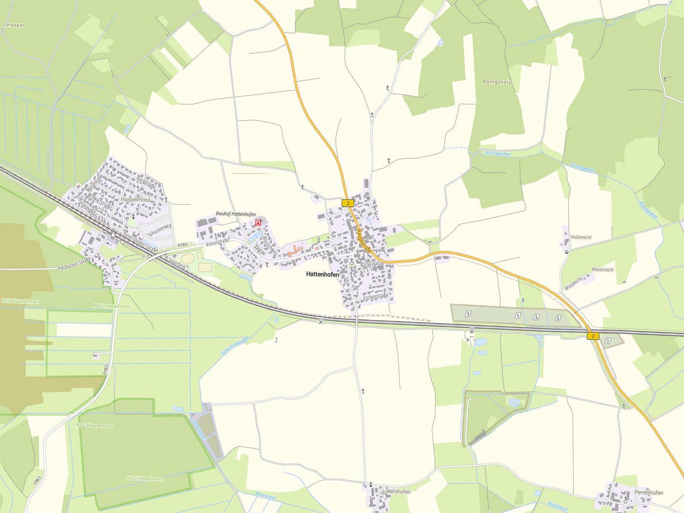Kartenausschnitt Hattenhofen mit Gewässern
