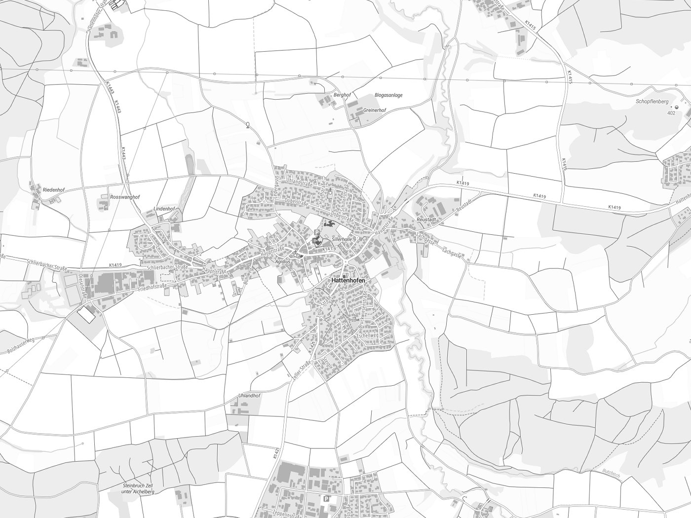 Kartenausschnitt Hattenhofen mit Gewässern