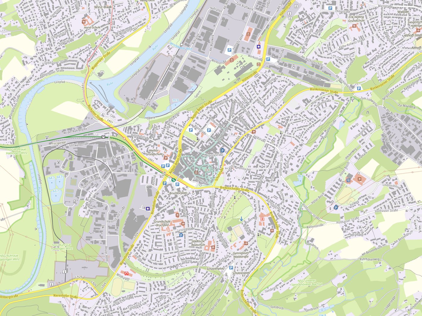 Kartenausschnitt Hattingen mit Gewässern
