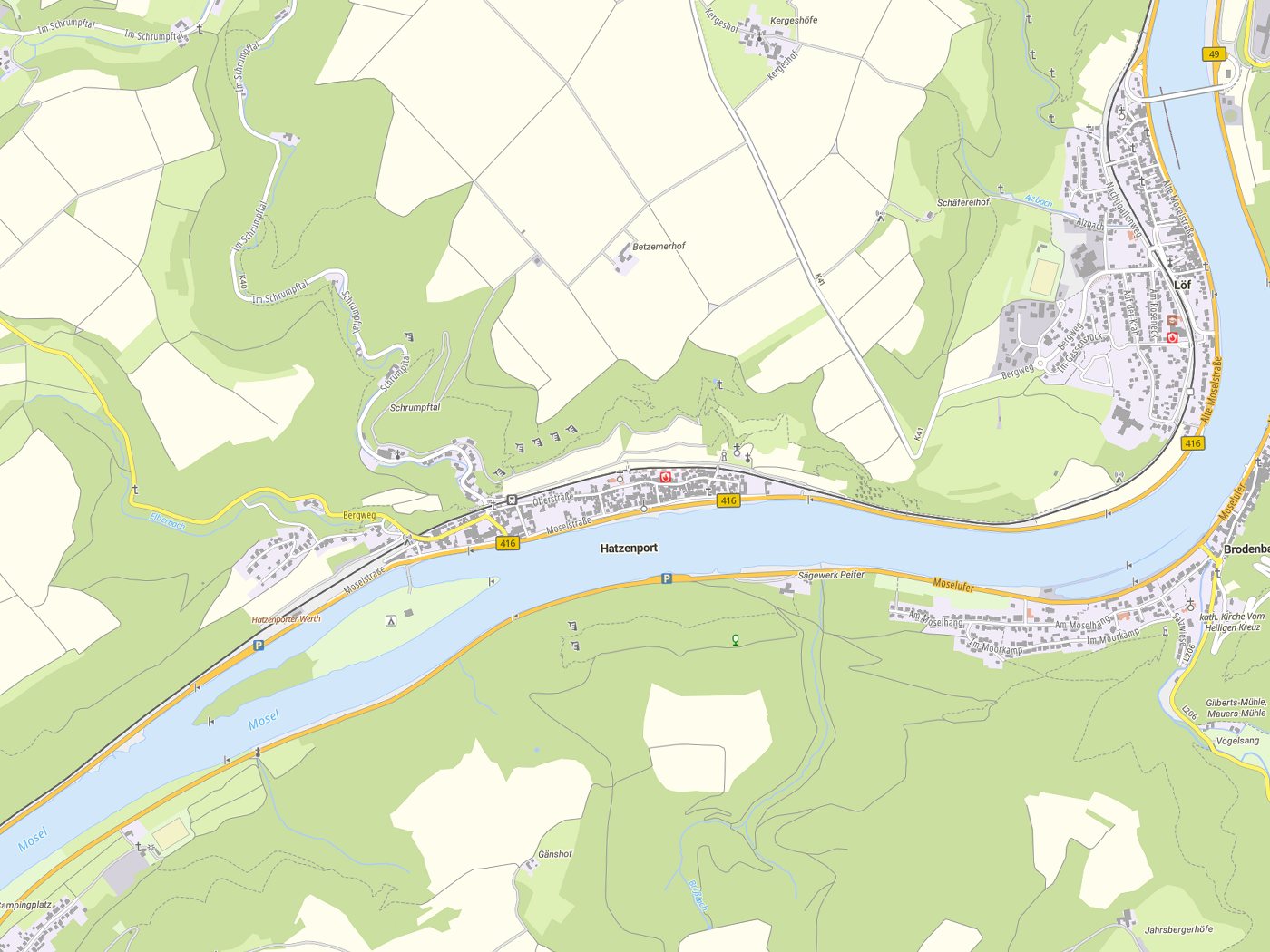 Kartenausschnitt Hatzenport mit Gewässern