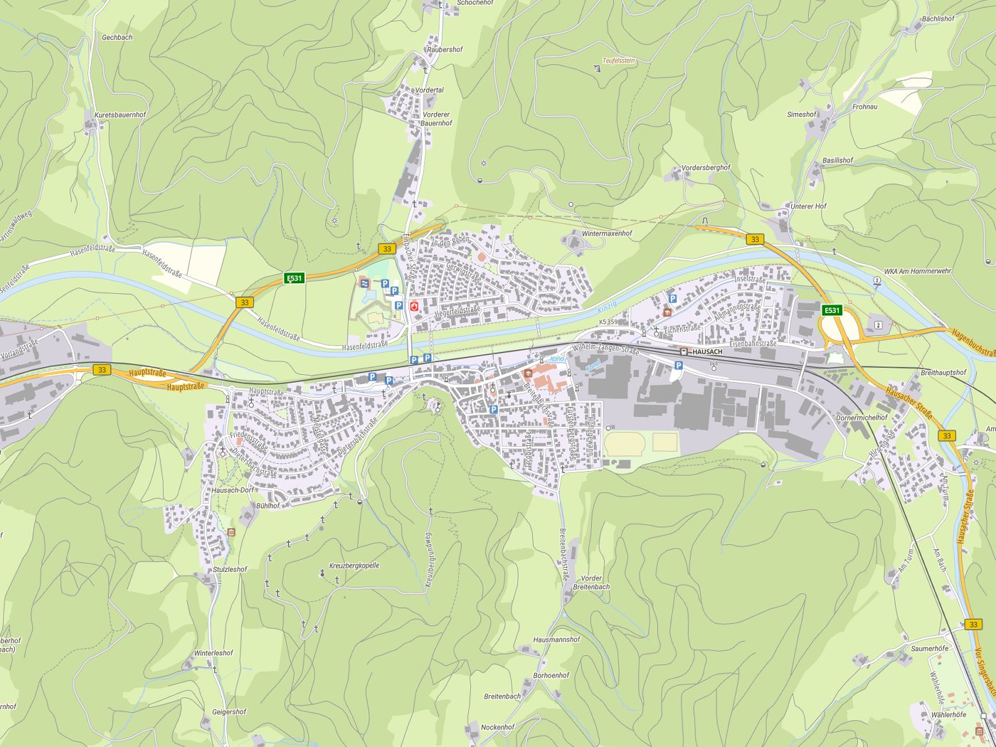Kartenausschnitt Hausach mit Gewässern