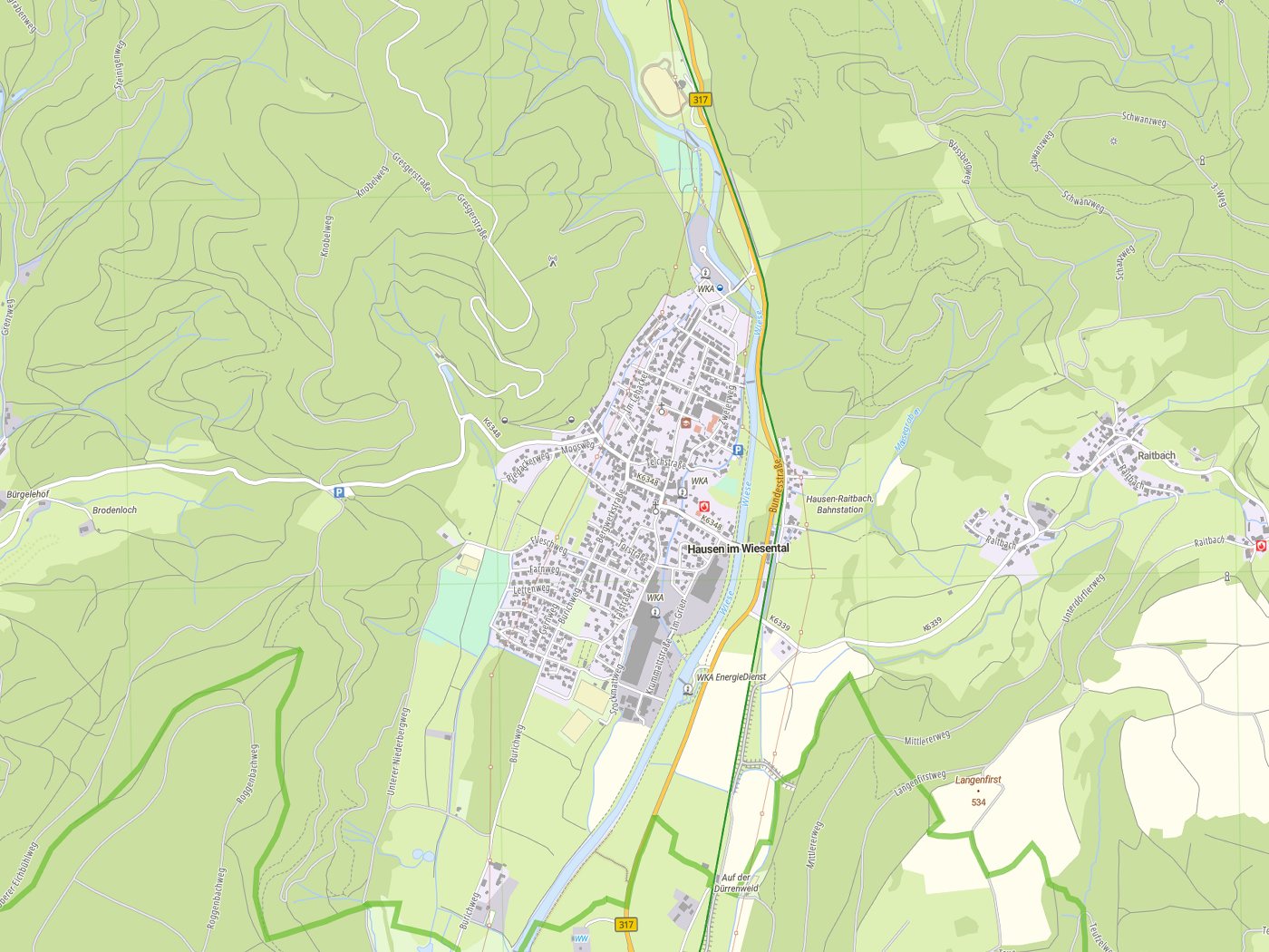 Kartenausschnitt Hausen im Wiesental mit Gewässern