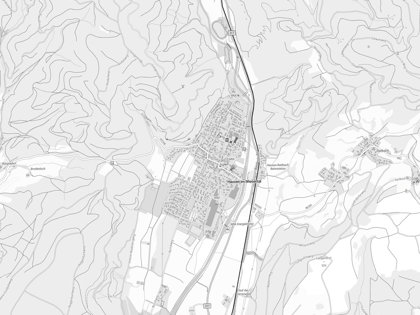 Kartenausschnitt Hausen im Wiesental mit Gewässern