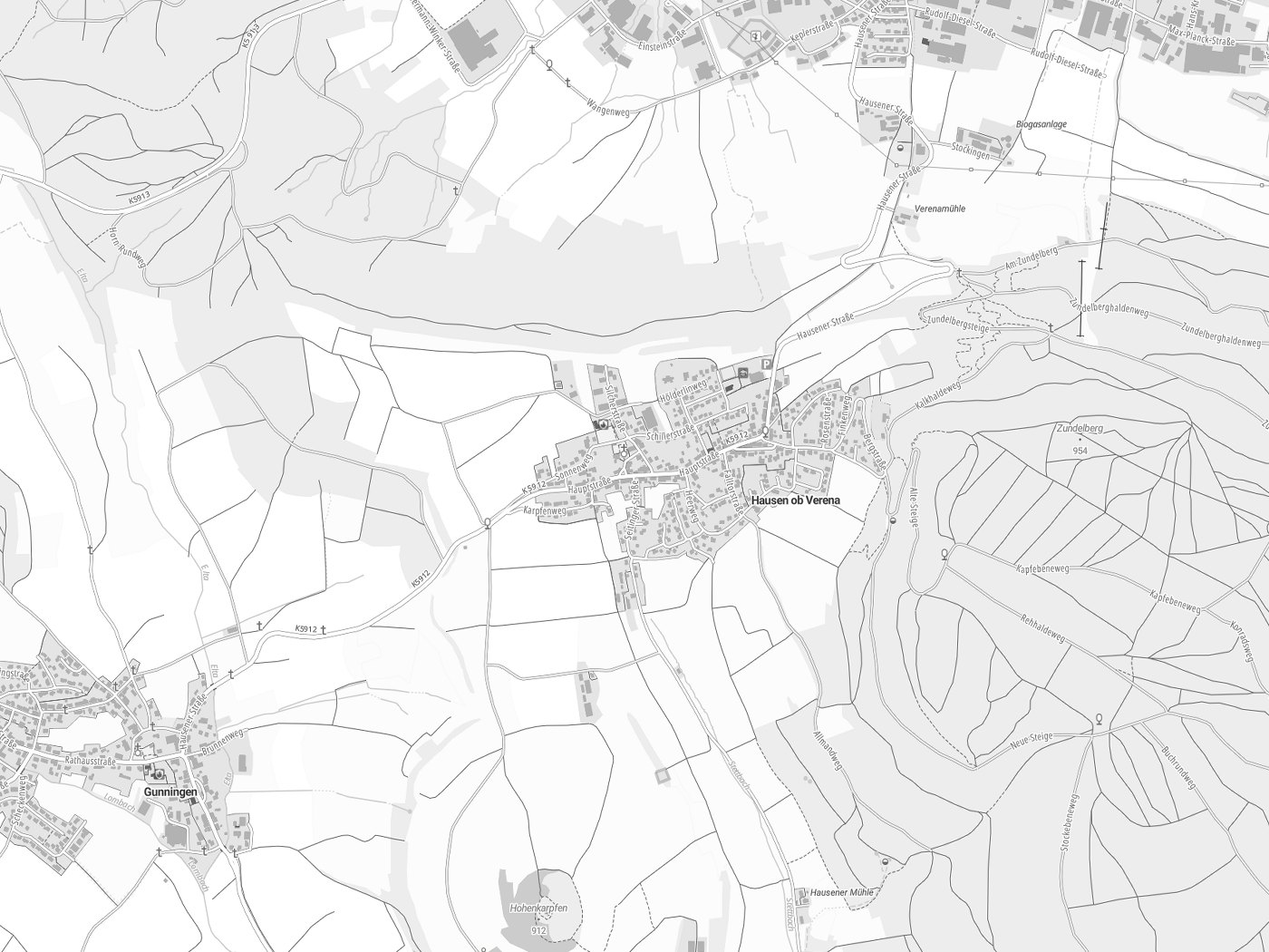 Kartenausschnitt Hausen ob Verena mit Gewässern