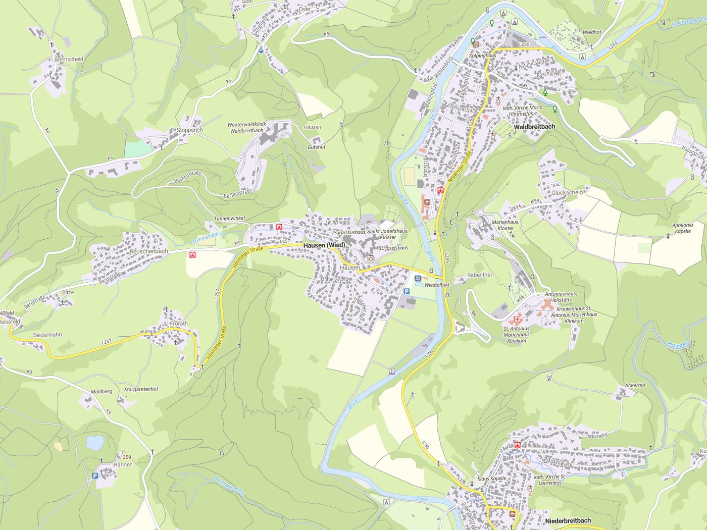 Kartenausschnitt Hausen (Wied) mit Gewässern