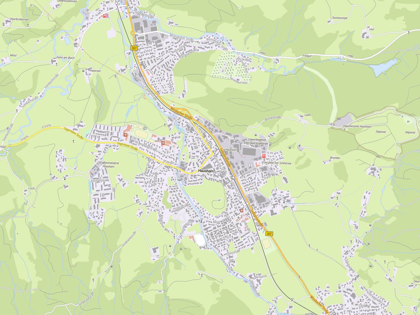 Kartenausschnitt Hausham mit Gewässern