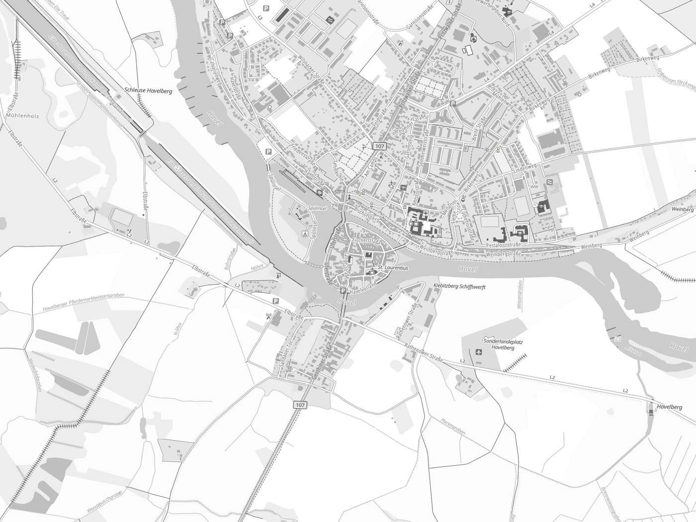Kartenausschnitt Havelberg mit Gewässern